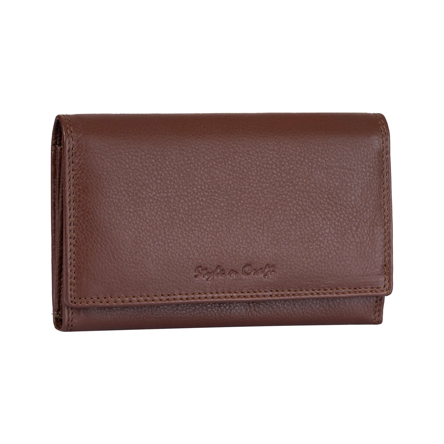 Style n Craft 391102 Ladies Clutch Wallet in Brown Full Grain Leather - Front View - Angled - Closed