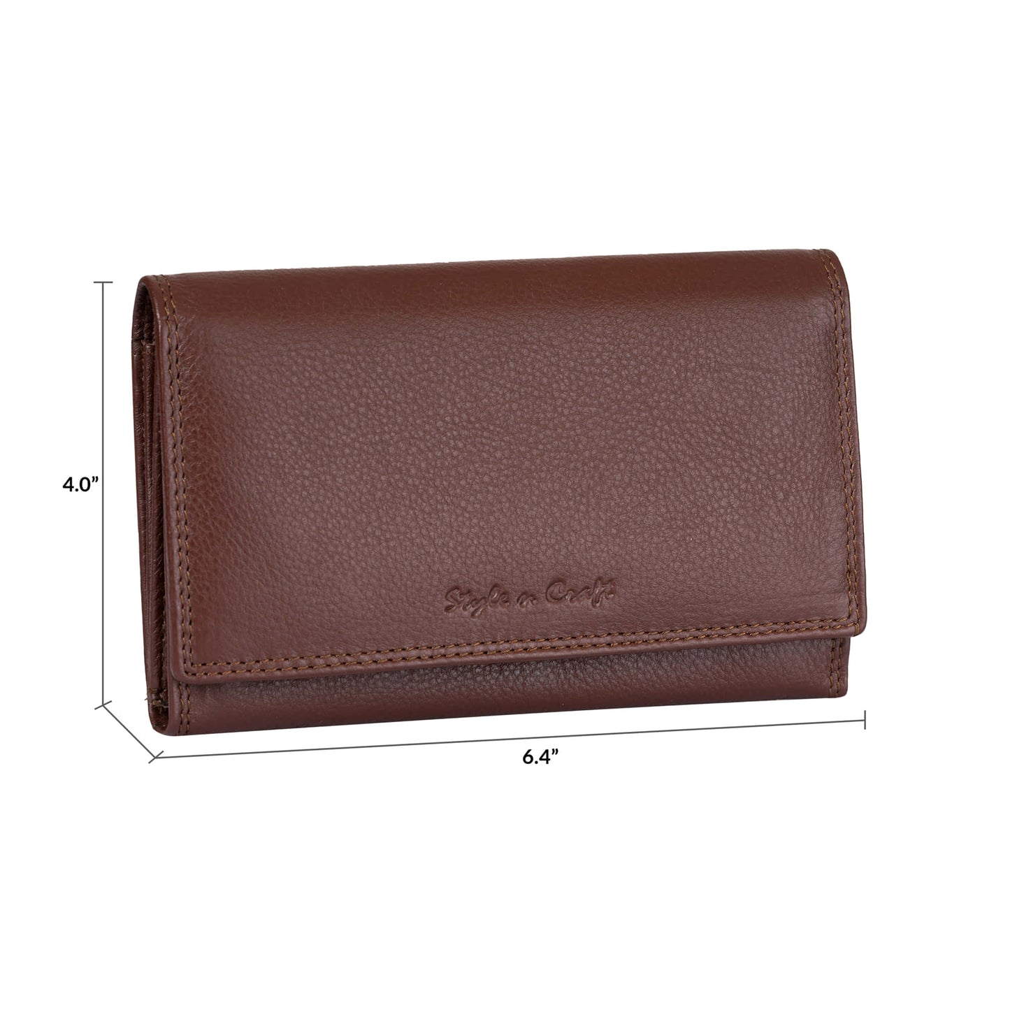 Style n Craft 391102 Ladies Clutch Wallet in Brown Full Grain Leather - Front View Showing Dimensions