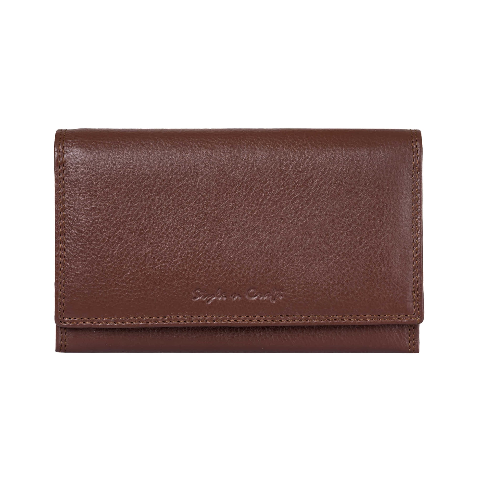 Style n Craft 391102 Ladies Clutch Wallet in Brown Full Grain Leather - Front View Closed