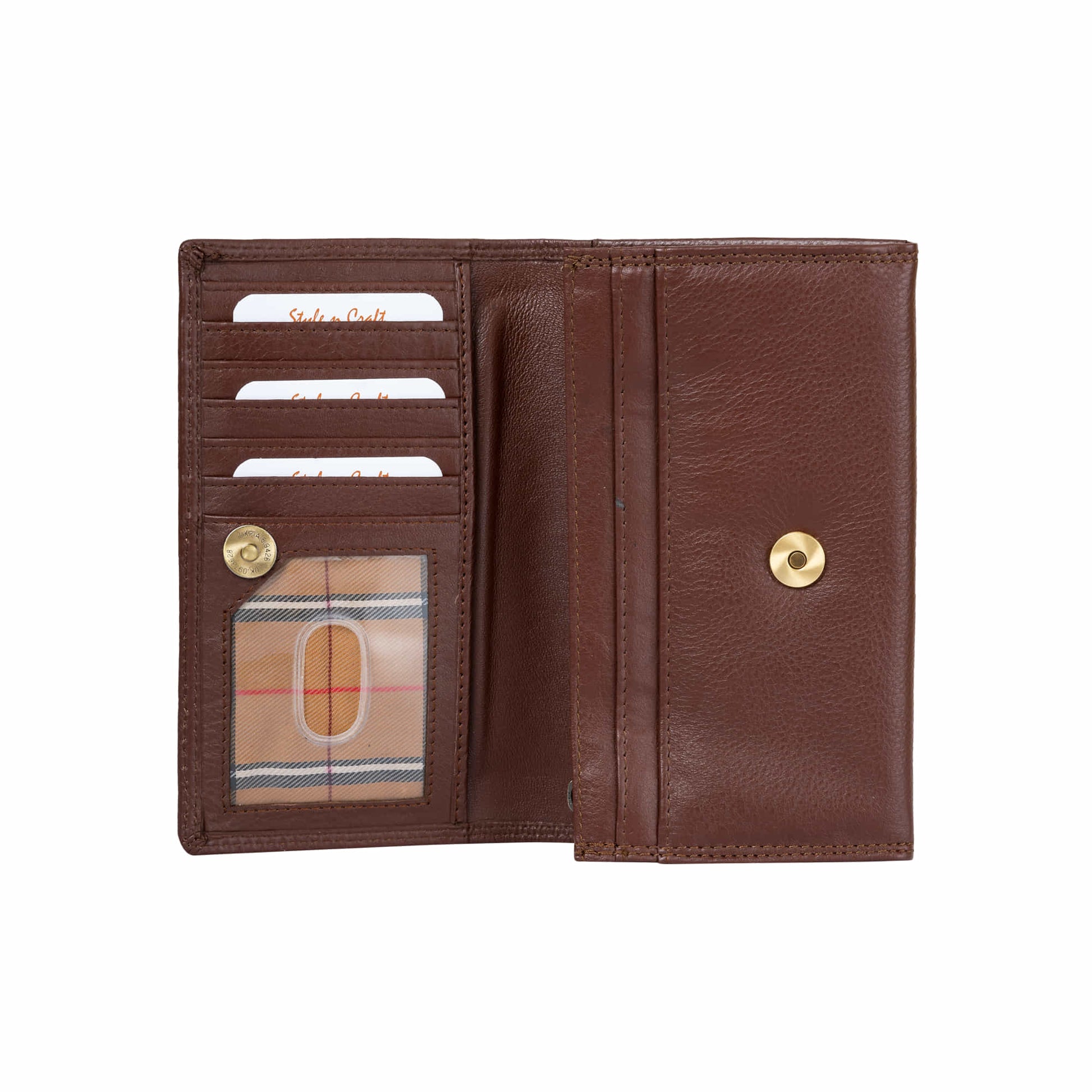 Style n Craft 391102 Ladies Clutch Wallet in Brown Full Grain Leather - Open View 1a - Showing the ID Window, Credit Card Pockets & the Magnetic Button for Closing
