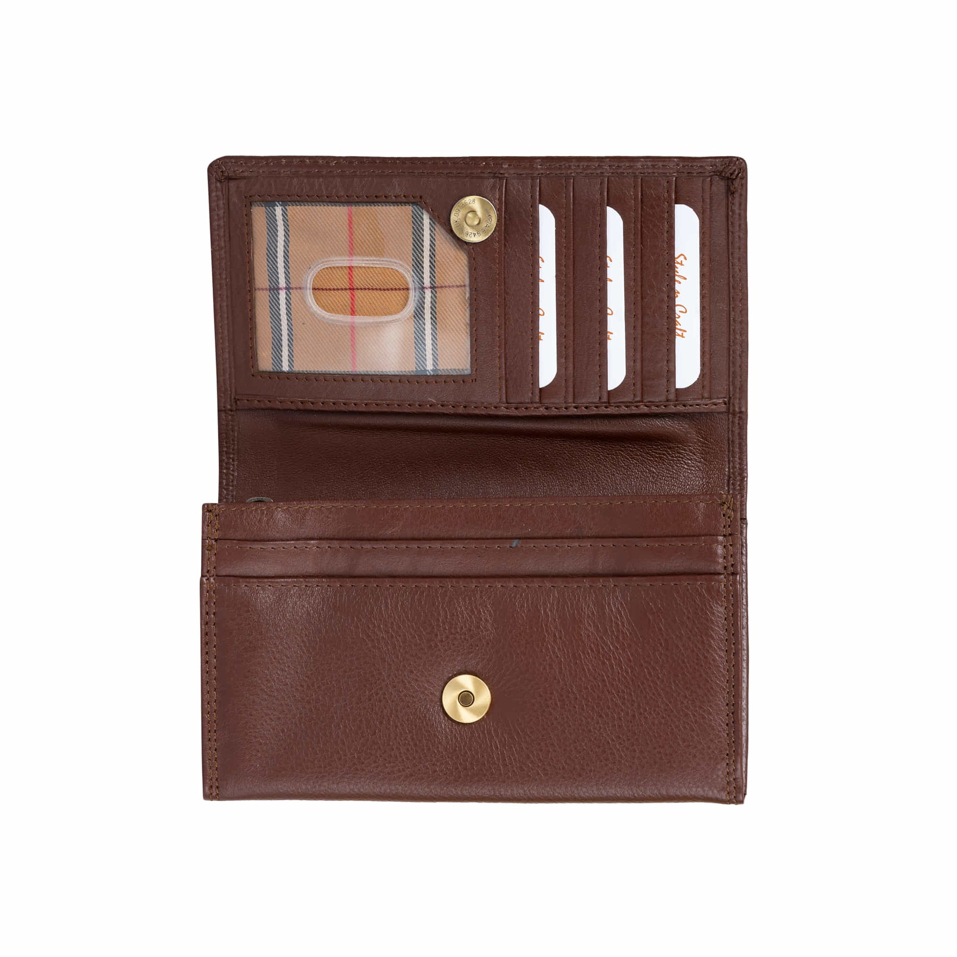 Style n Craft 391102 Ladies Clutch Wallet in Brown Full Grain Leather - Open View 1b - Showing the ID Window, Credit Card Pockets & the Magnetic Button for Closing