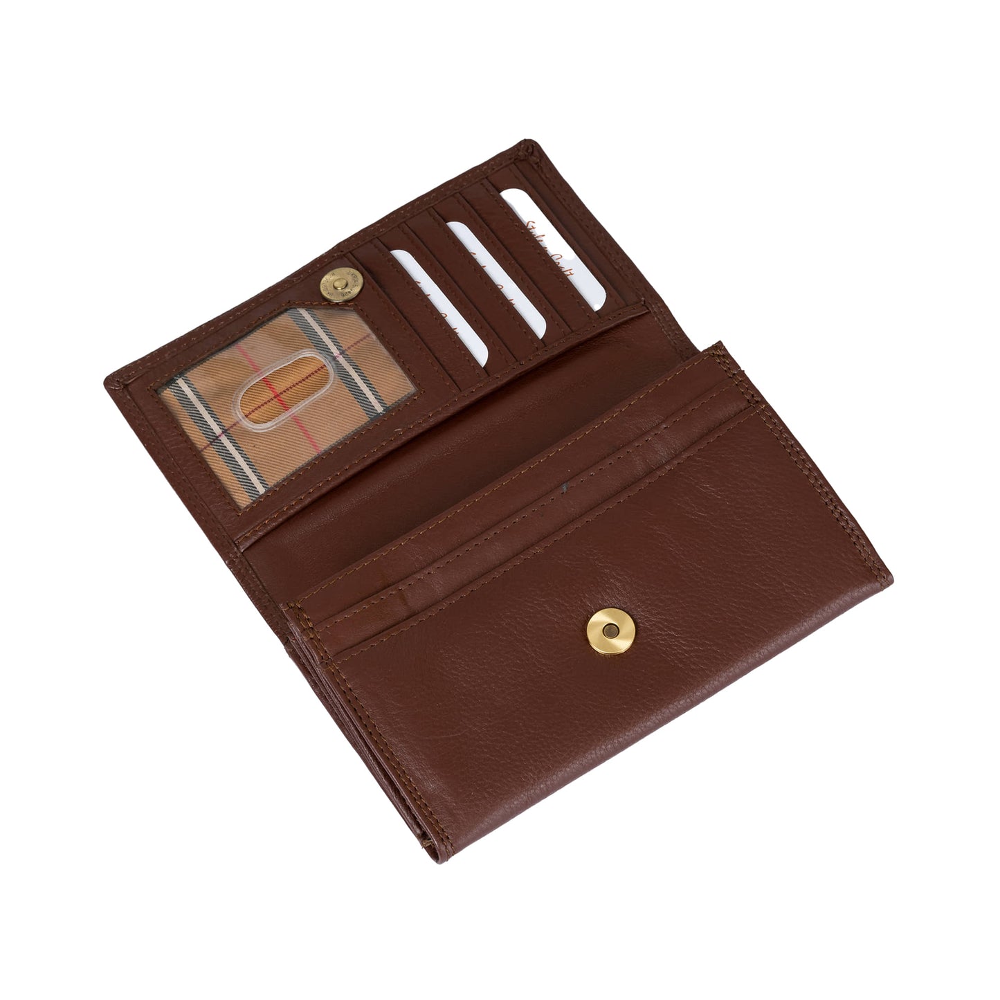 Style n Craft 391102 Ladies Clutch Wallet in Brown Full Grain Leather - Open View 2 - Showing the ID Window, Credit Card Pockets,  Long Pockets & the Magnetic Button for Closing