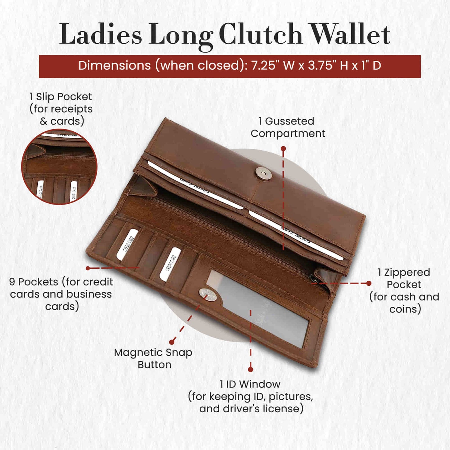 Style n Craft 391103 Ladies Long Clutch Wallet in Oak Color Leather - Open View Showing the Details