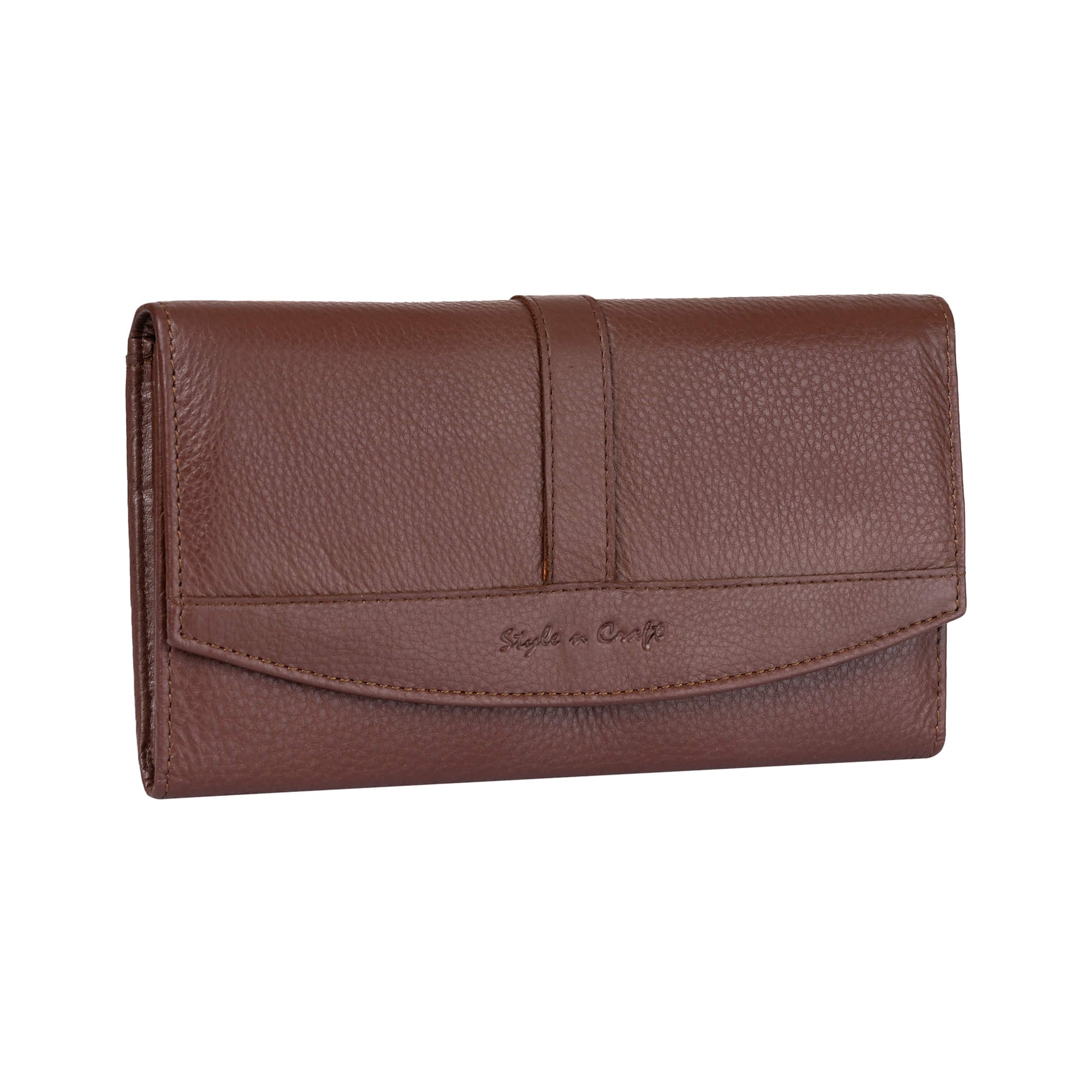 Style n Craft 391105 Double Fold Ladies Long Clutch Wallet in High Grade Brown Full Grain Leather - Front Angled View - Closed