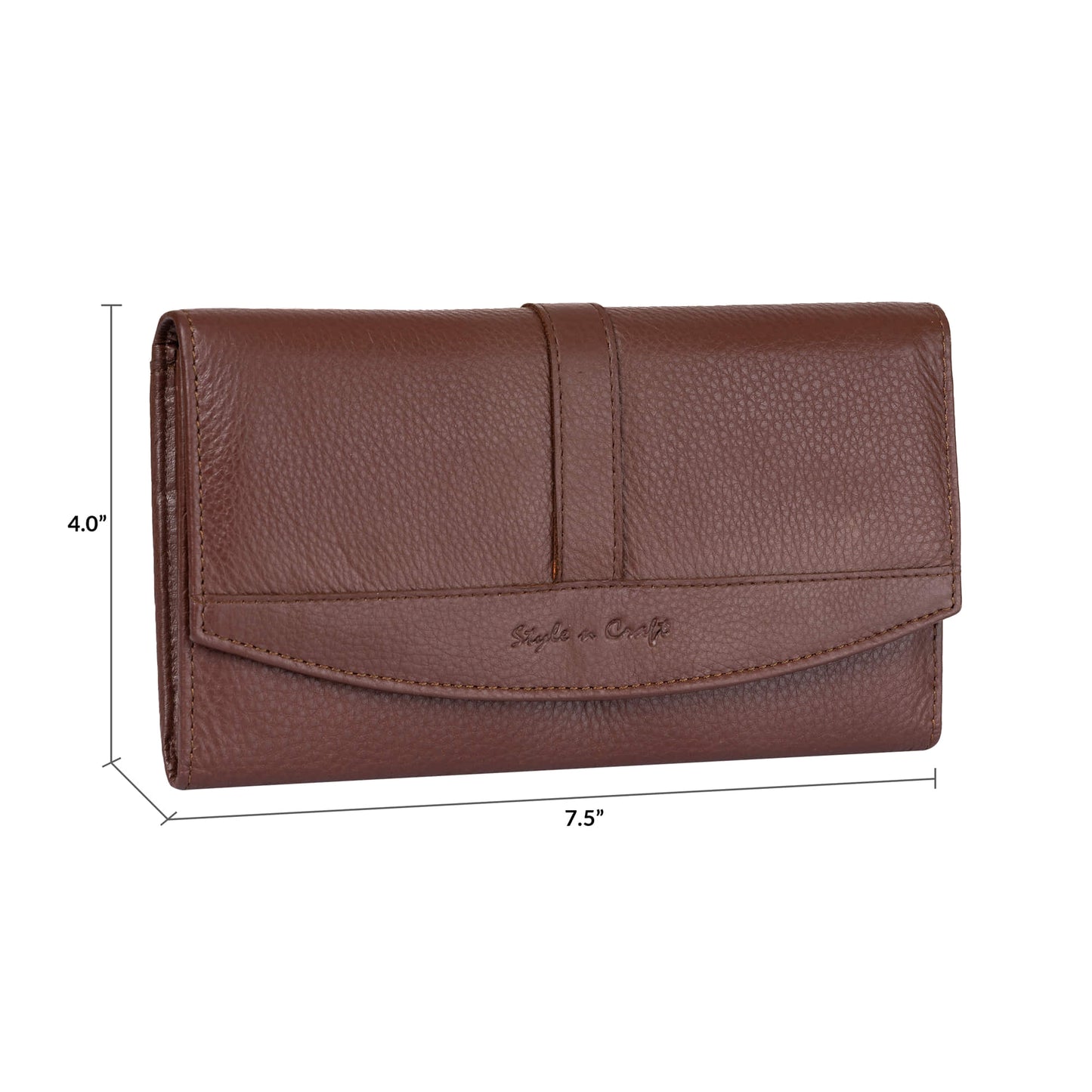 Style n Craft 391105 Double Fold Ladies Long Clutch Wallet in High Grade Brown Full Grain Leather - Front Angled View - Closed - Showing the Dimensions