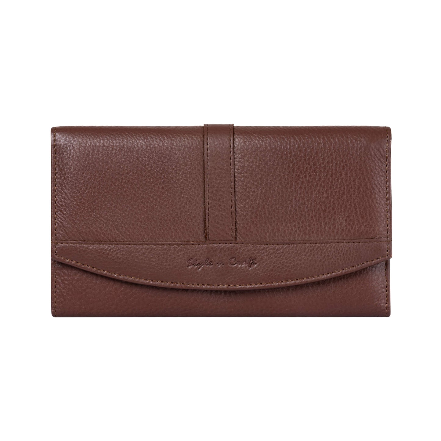 Style n Craft 391105 Double Fold Ladies Long Clutch Wallet in High Grade Brown Full Grain Leather - Front View - Closed