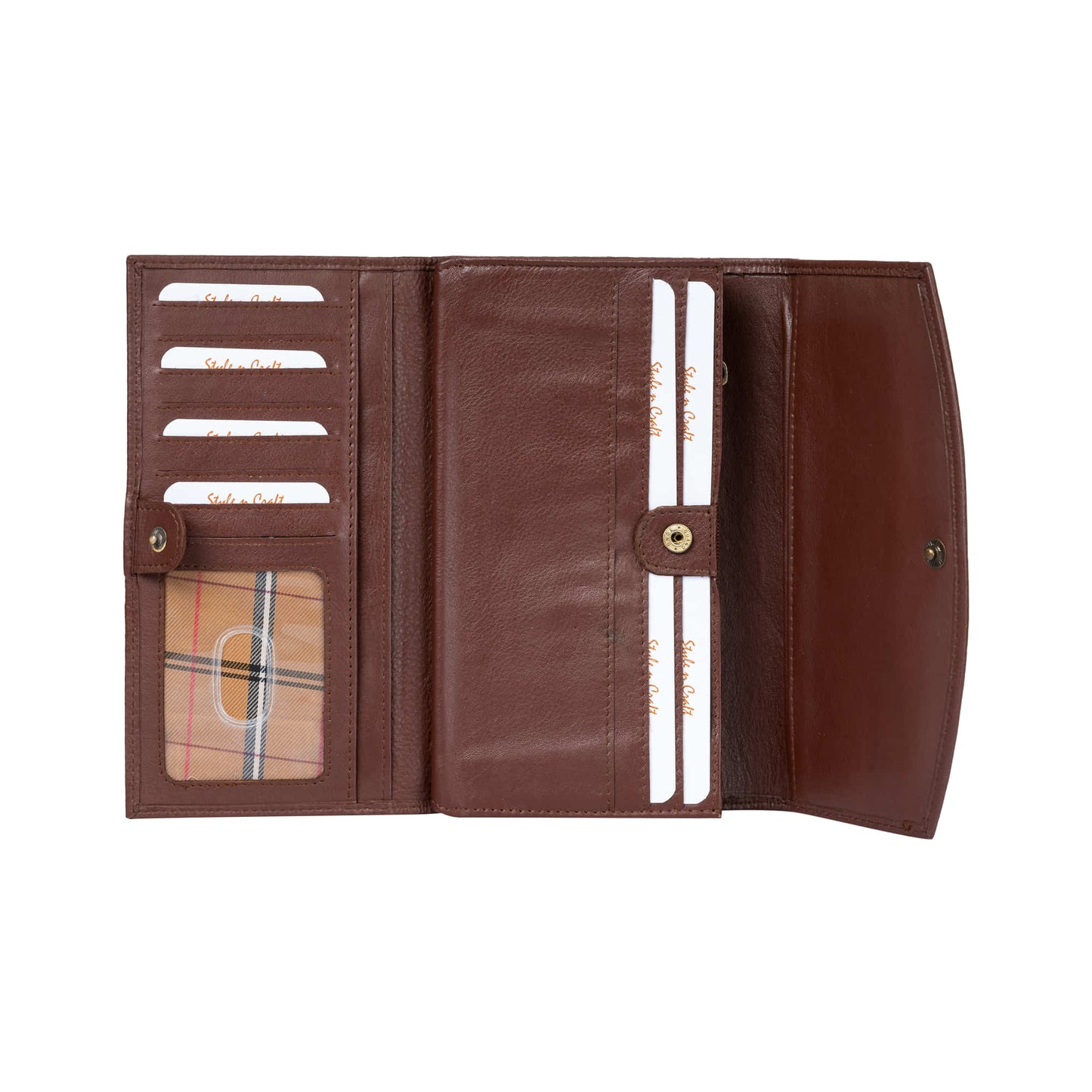 Style n Craft 391105 Double Fold Ladies Long Clutch Wallet in High Grade Brown Full Grain Leather - 1st Open View Showing the Credit Card Pockets, ID Window, Inside Long Pockets