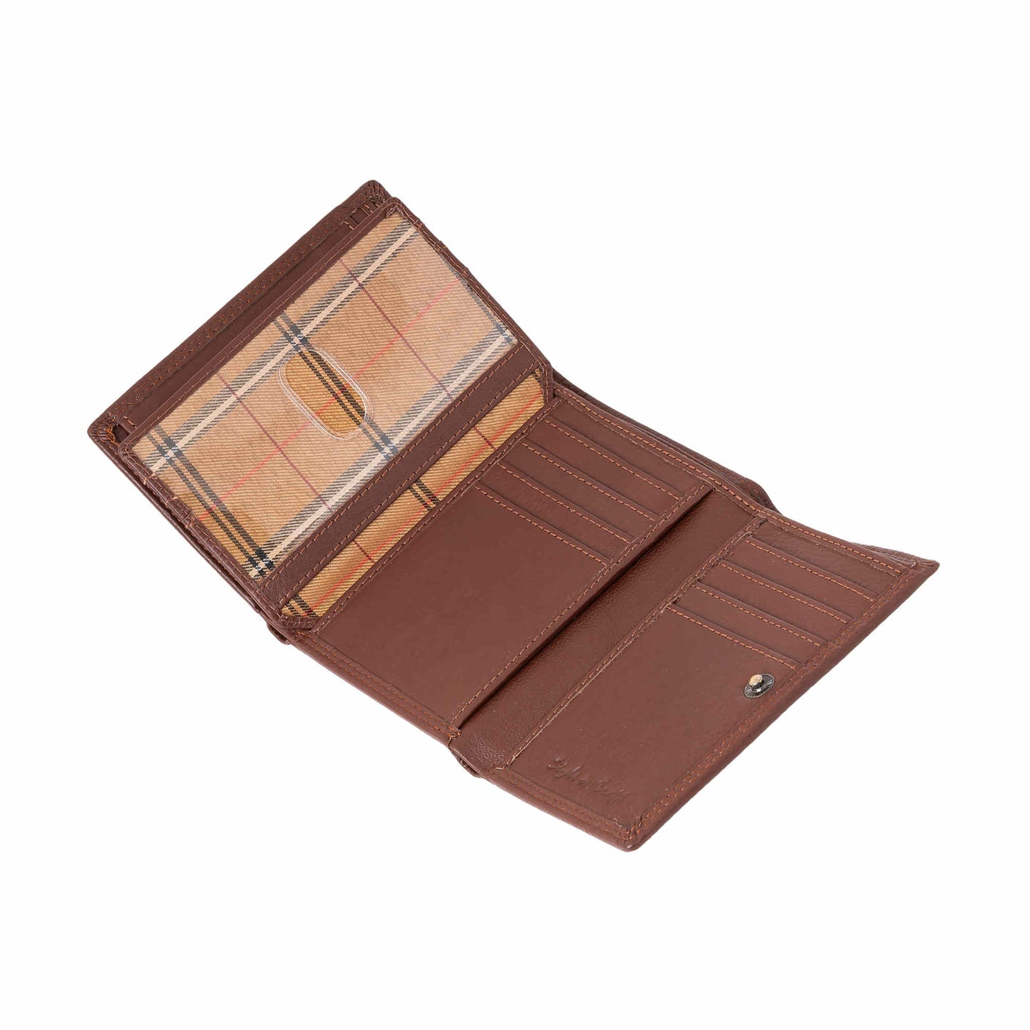 Style n Craft 391109 Ladies Trifold Brown Leather Wallet with Snap Button Closure - Open View 2 - Showing the Credit Card Pockets under the Flap, ID Window and the Snap Button