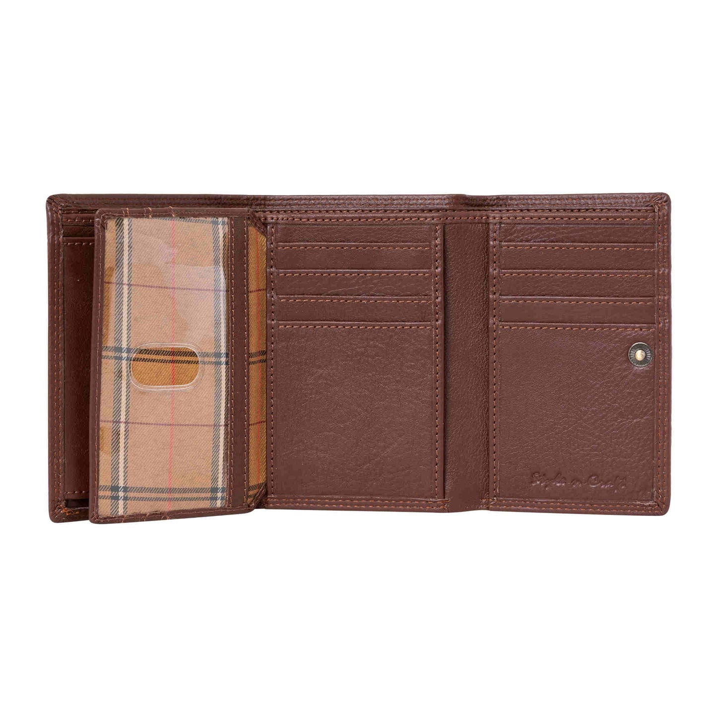 Style n Craft 391109 Ladies Trifold Brown Leather Wallet with Snap Button Closure - Straight Open View 2 - Showing the Credit Card Pockets, ID Window and the Snap Button