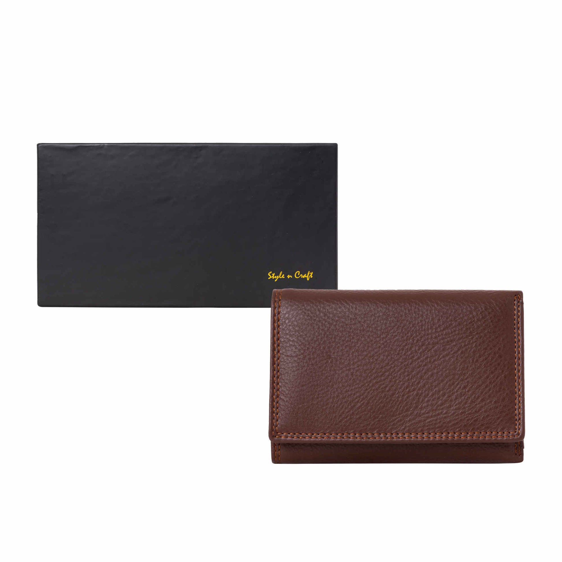 Style n Craft 391109 Ladies Trifold Brown Leather Wallet with Snap Button Closure - Closed Horizontal  View of the Trifold Wallet and the Box the Wallet Box