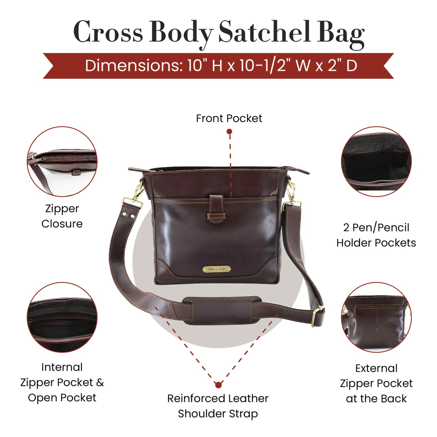 Style n Craft 392001 Cross-body Messenger Bag in Full Grain Dark Brown Leather - Front, Back & Internal Views Showing the Details of the Cross Body Bag