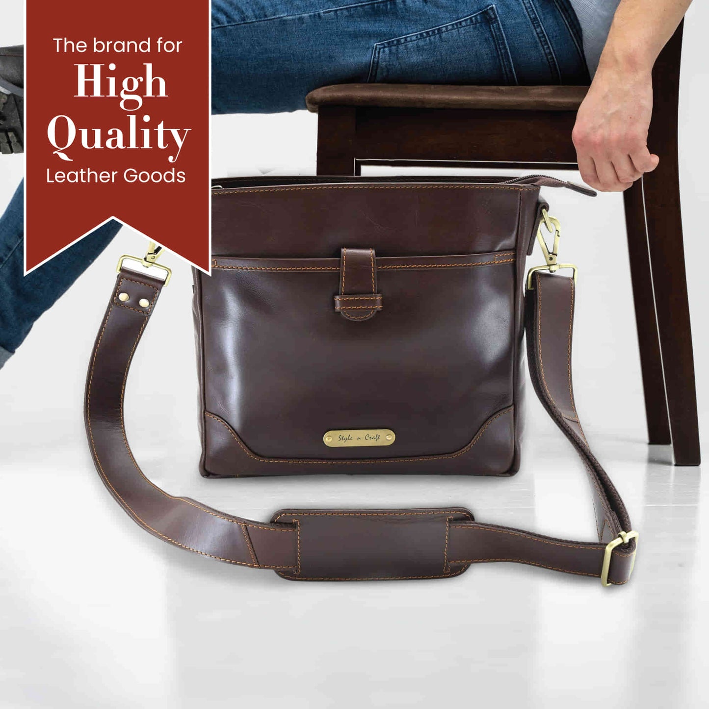 Style n Craft 392001 Cross-body Messenger Bag in Full Grain Dark Brown Leather - Front View of the Bag in Use - Lifestyle Picture