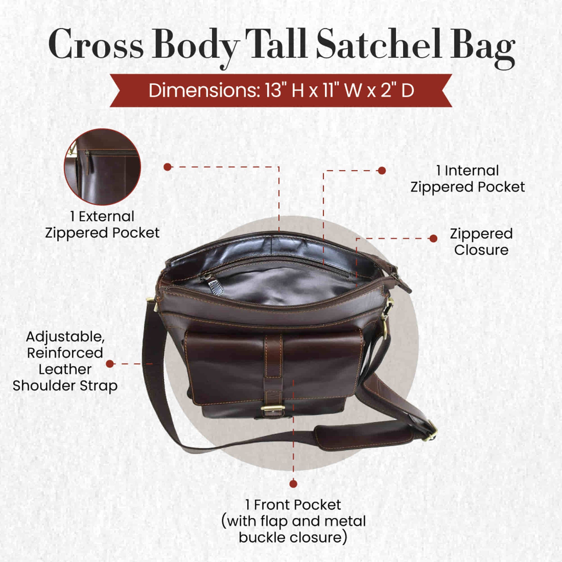 Style n Craft 392002 Tall Messenger Bag in Full Grain Dark Brown Leather - Front Top View Showing the Details