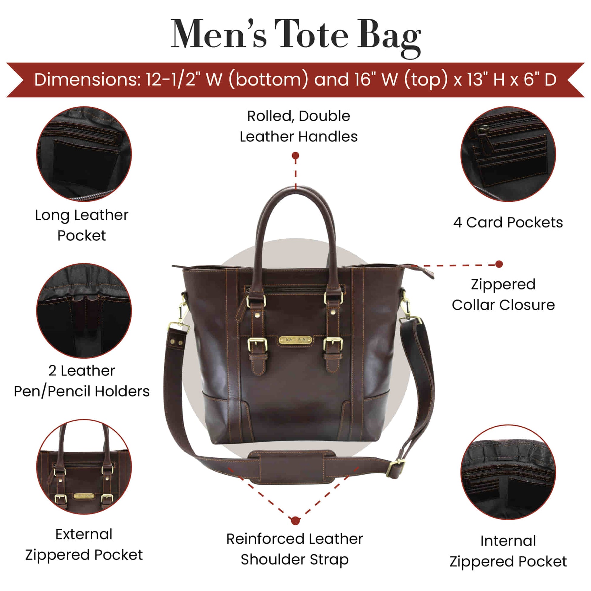 Style n Craft 392006 Men's Tote Bag in Full Grain Dark Brown Leather - Front View & Internal Shots Showing the Details
