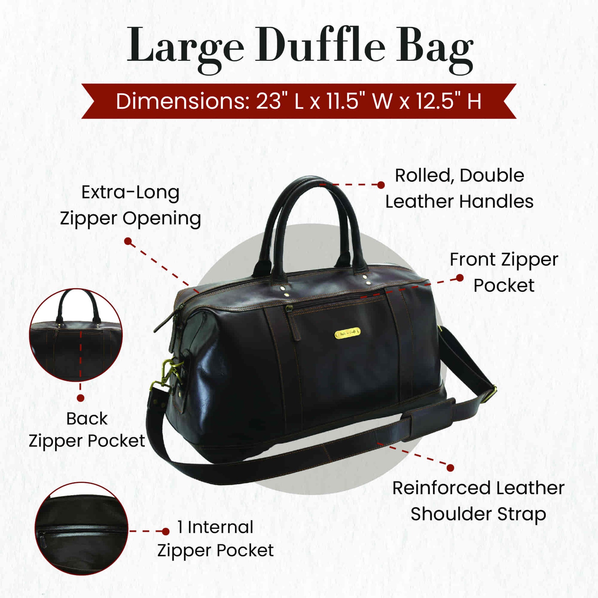 Style n Craft 392100 Large Duffle Bag in Full Grain Dark Brown Leather - Front Angled View Showing Details