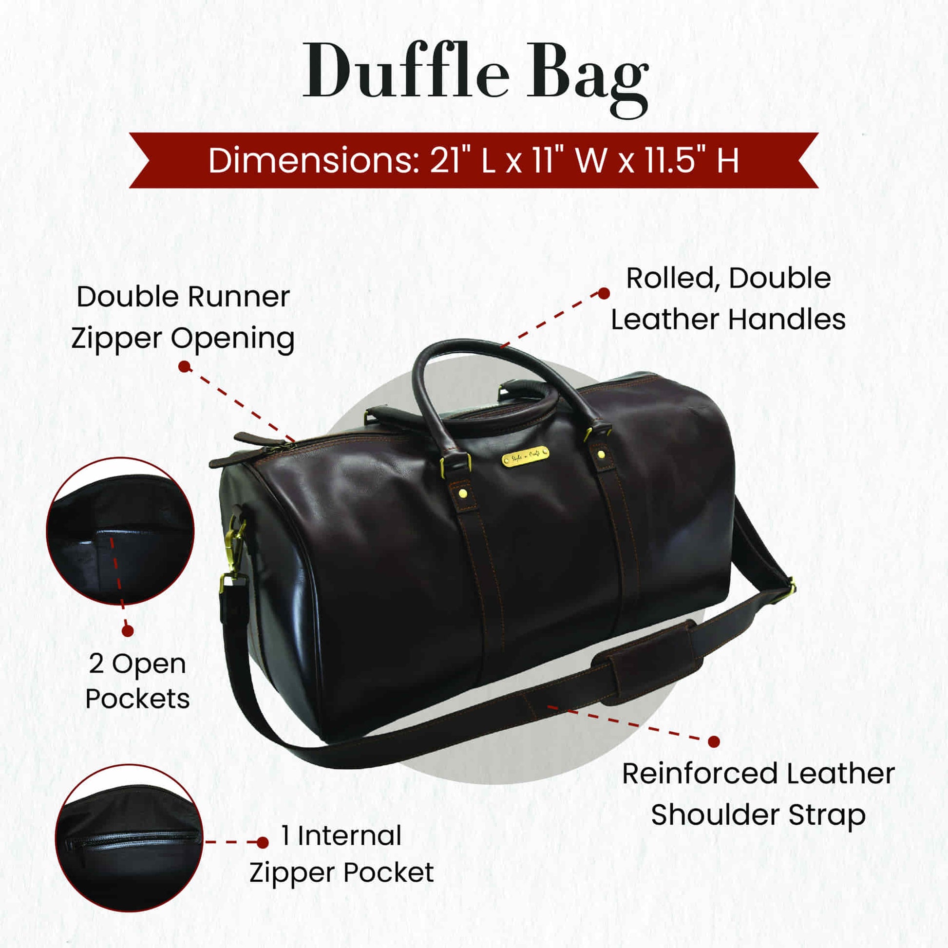 Style n Craft 392101 Duffle Bag in Full Grain Dark Brown Leather - Front Angled View Showing Details
