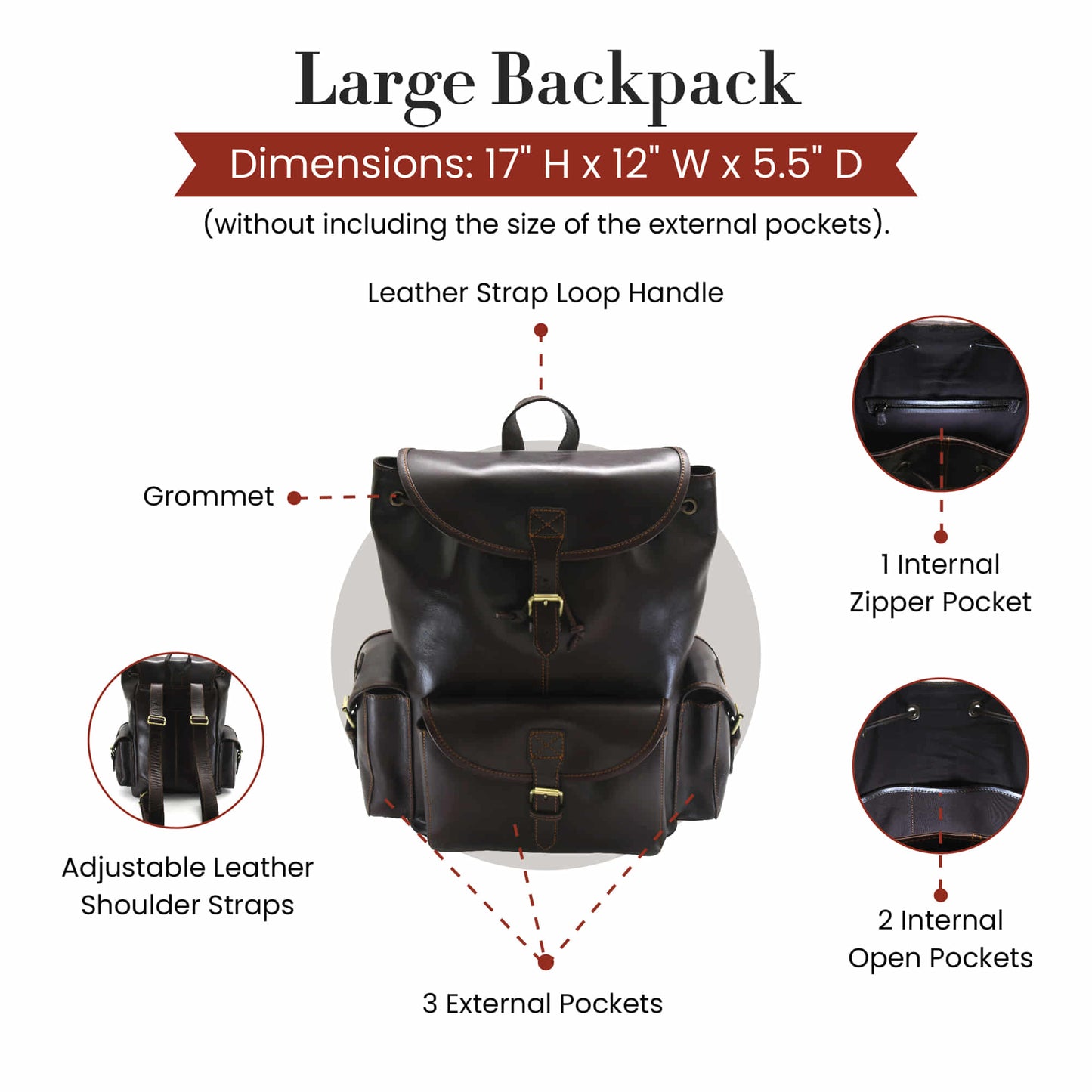 Style n Craft 392150 Backpack Large in Full Grain Dark Brown Leather - Front, Back & Internal Views Showing the Details