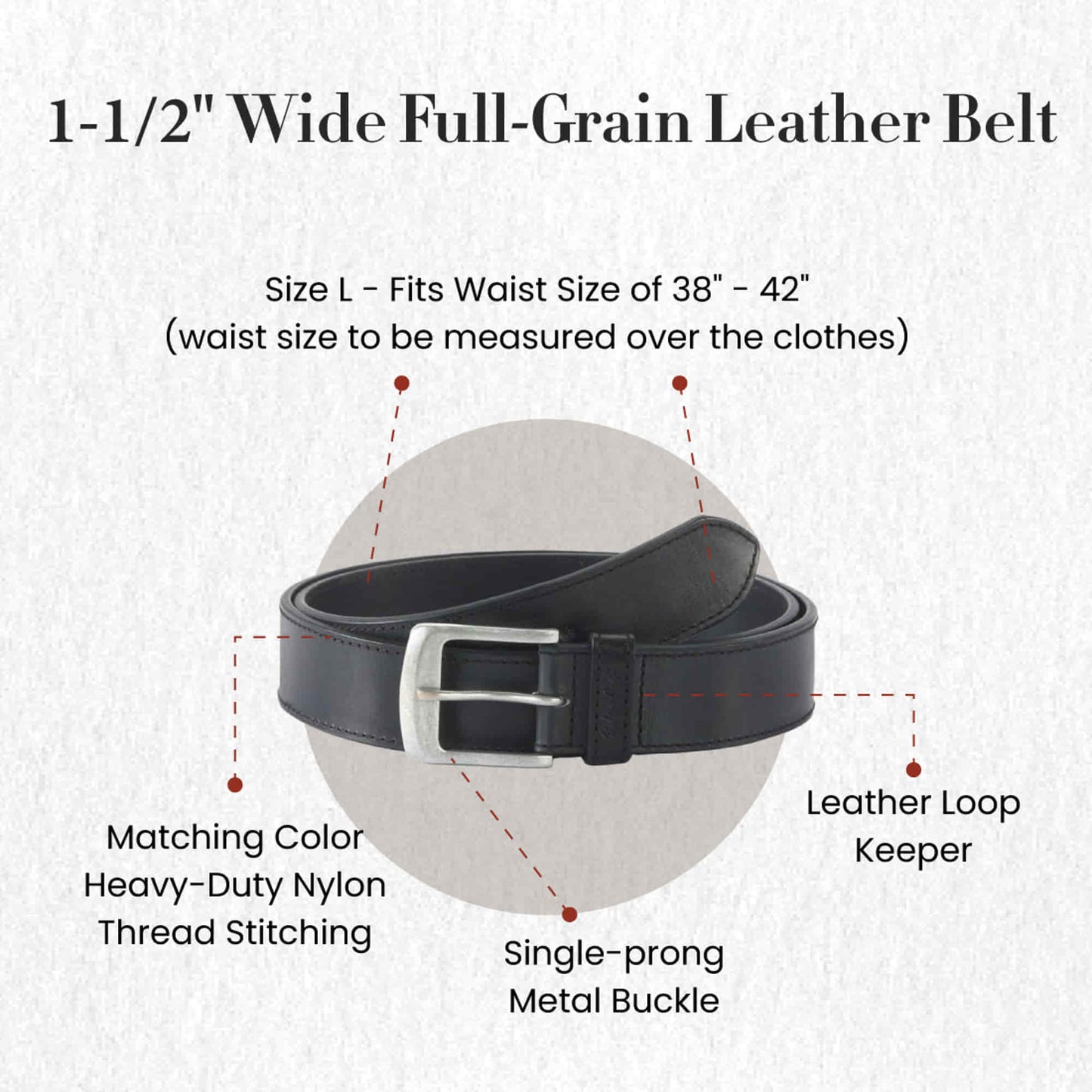 392701-L - one and a half inch wide large size leather belt in black color full grain leather - front view showing the details