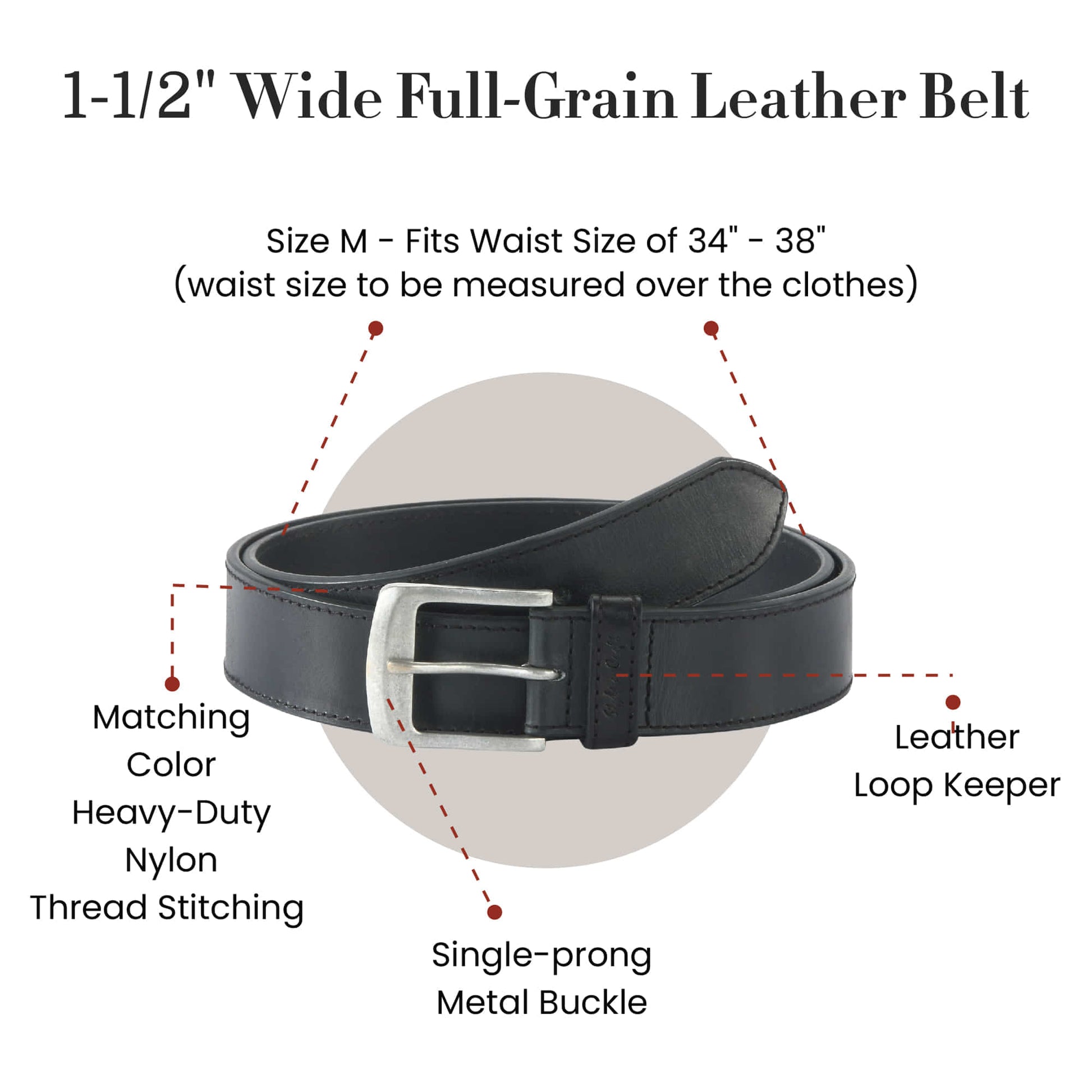 392701-M - one and a half inch wide medium size leather belt in black color full grain leather - front view showing the details