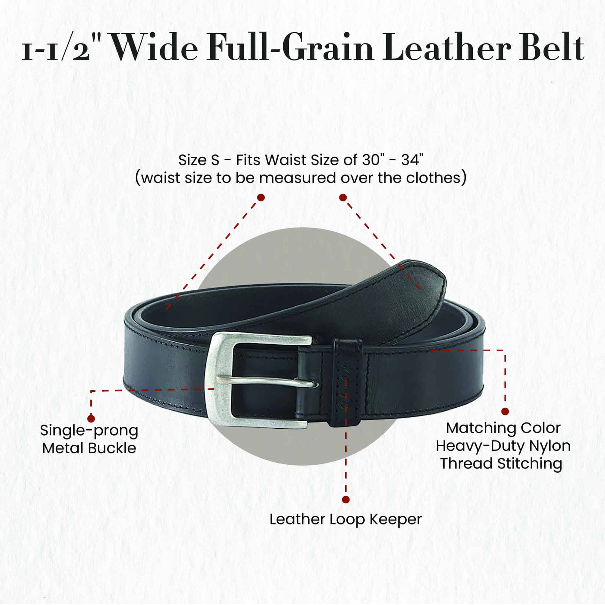 392701-S - one and a half inch wide small size leather belt in black color full grain leather - front view showing the details