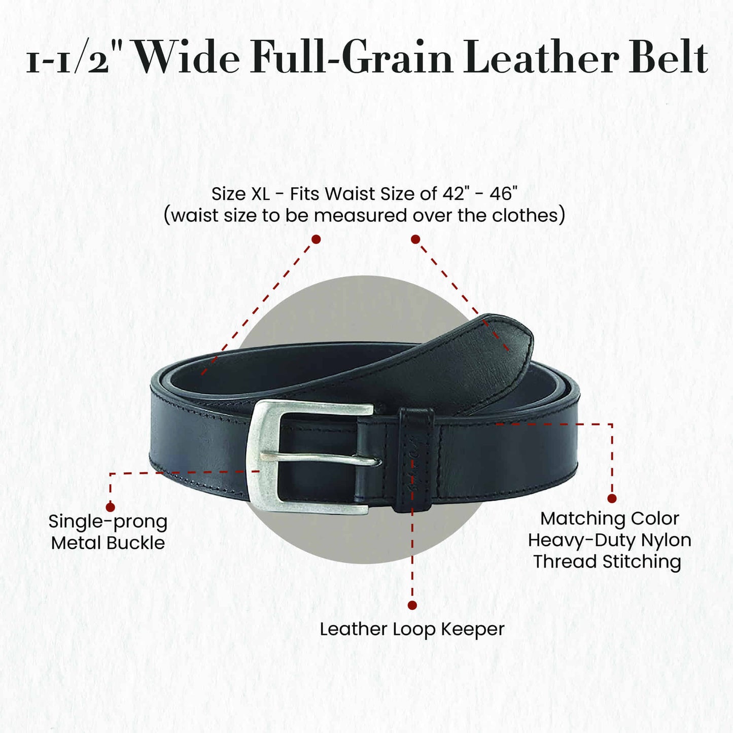 392701-XL - one and a half inch wide extra large size leather belt in black color full grain leather - front view showing the details