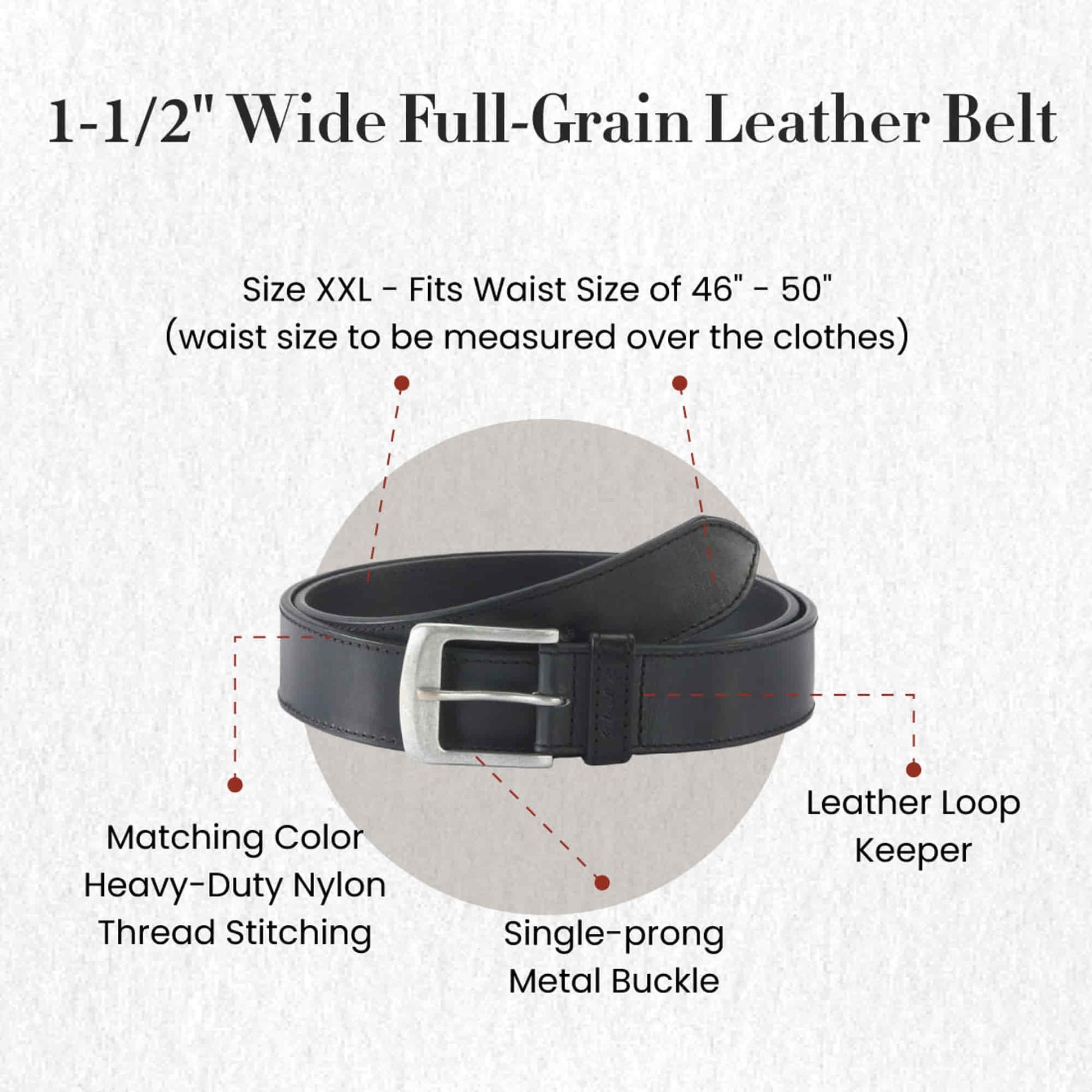 392701-XXL - one and a half inch wide double extra large size leather belt in black color full grain leather - front view showing the details