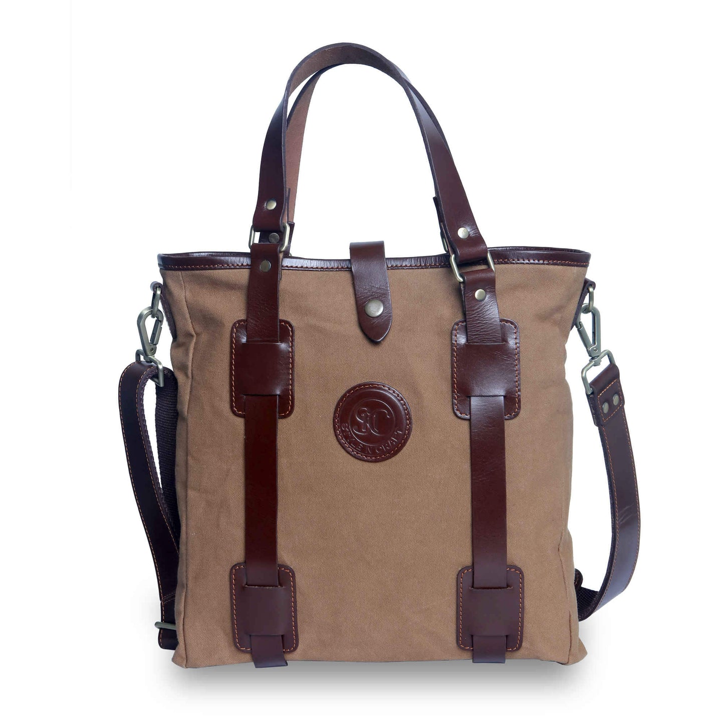 Style n Craft 39003  Unisex Tote Bag in Brown Waterproof Canvas and Full Grain Leather Combination - Front View