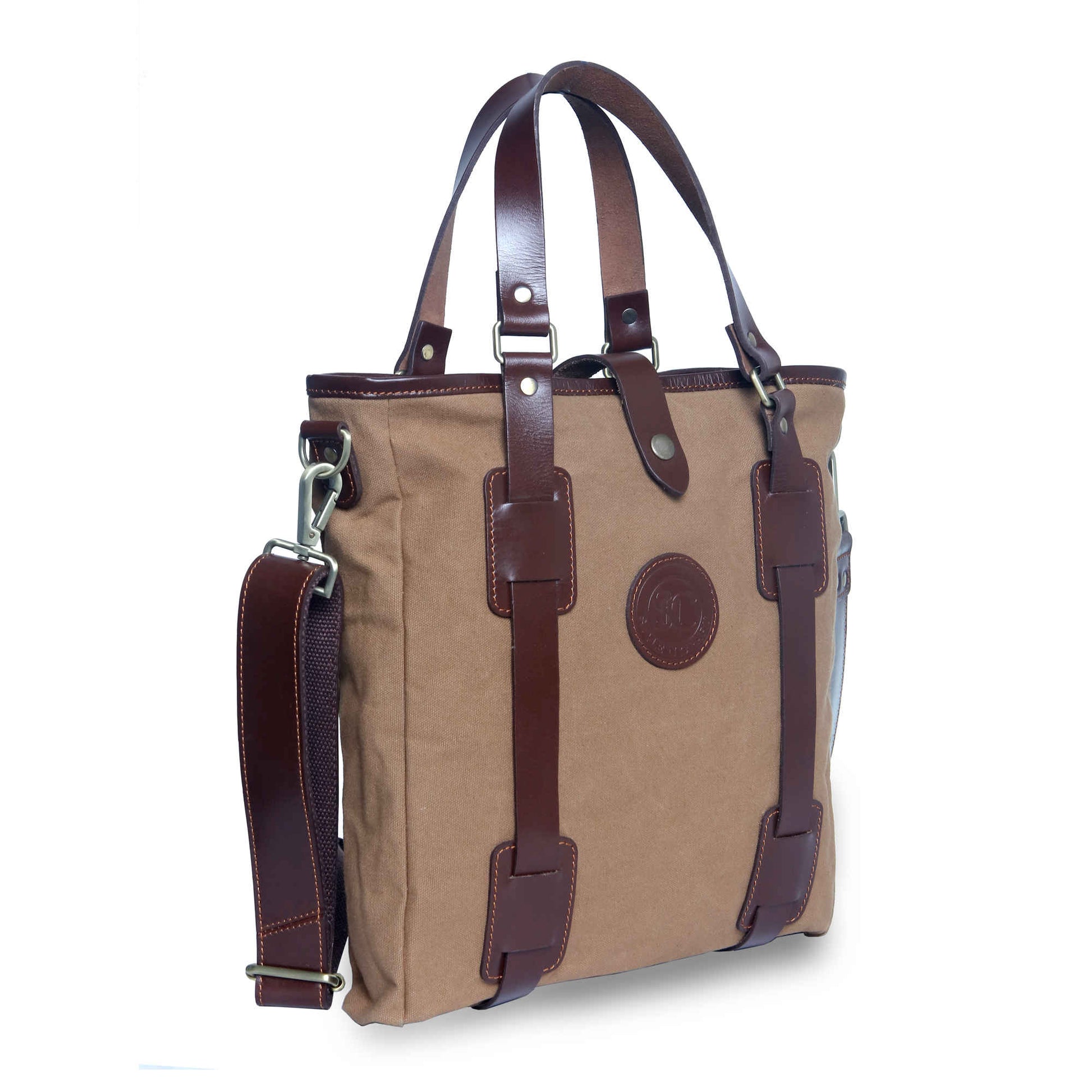 Style n Craft 39003 Unisex Tote Bag in Brown Waterproof Canvas and Full Grain Leather Combination - Front Angled View