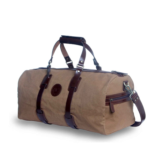 Style n Craft 397101 Duffle Bag in Waterproof Brown Canvas & Full Grain Leather - Front Angled View Showing the Side Zipper Pocket