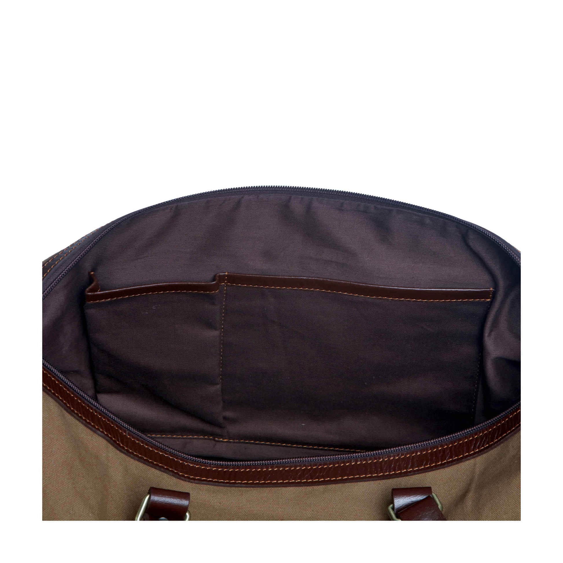 Style n Craft 397101 Duffle Bag in Waterproof Brown Canvas & Full Grain Leather - Internal Front Wall View Showing the 2 Open Slip Pockets