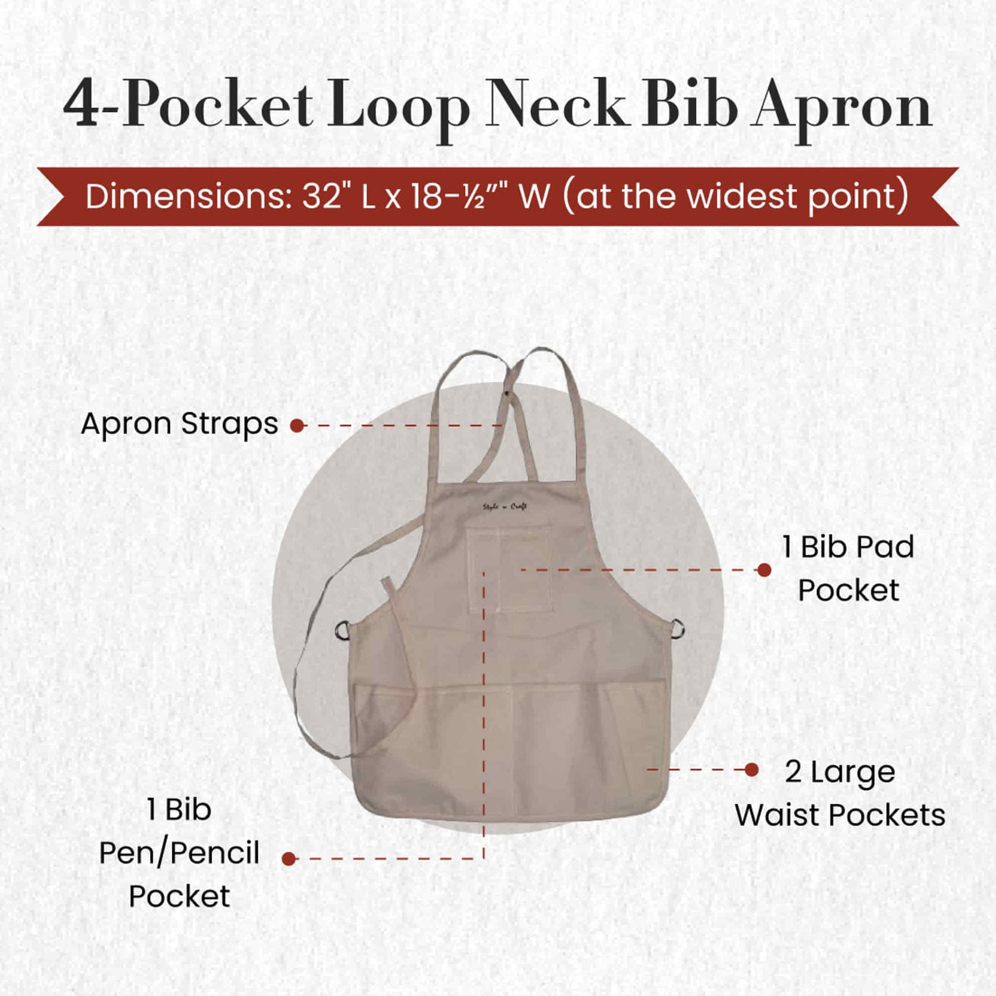 Style n Craft 60516 - 4 Pocket Loop Neck Apron in White Canvas - Front View Showing the Details