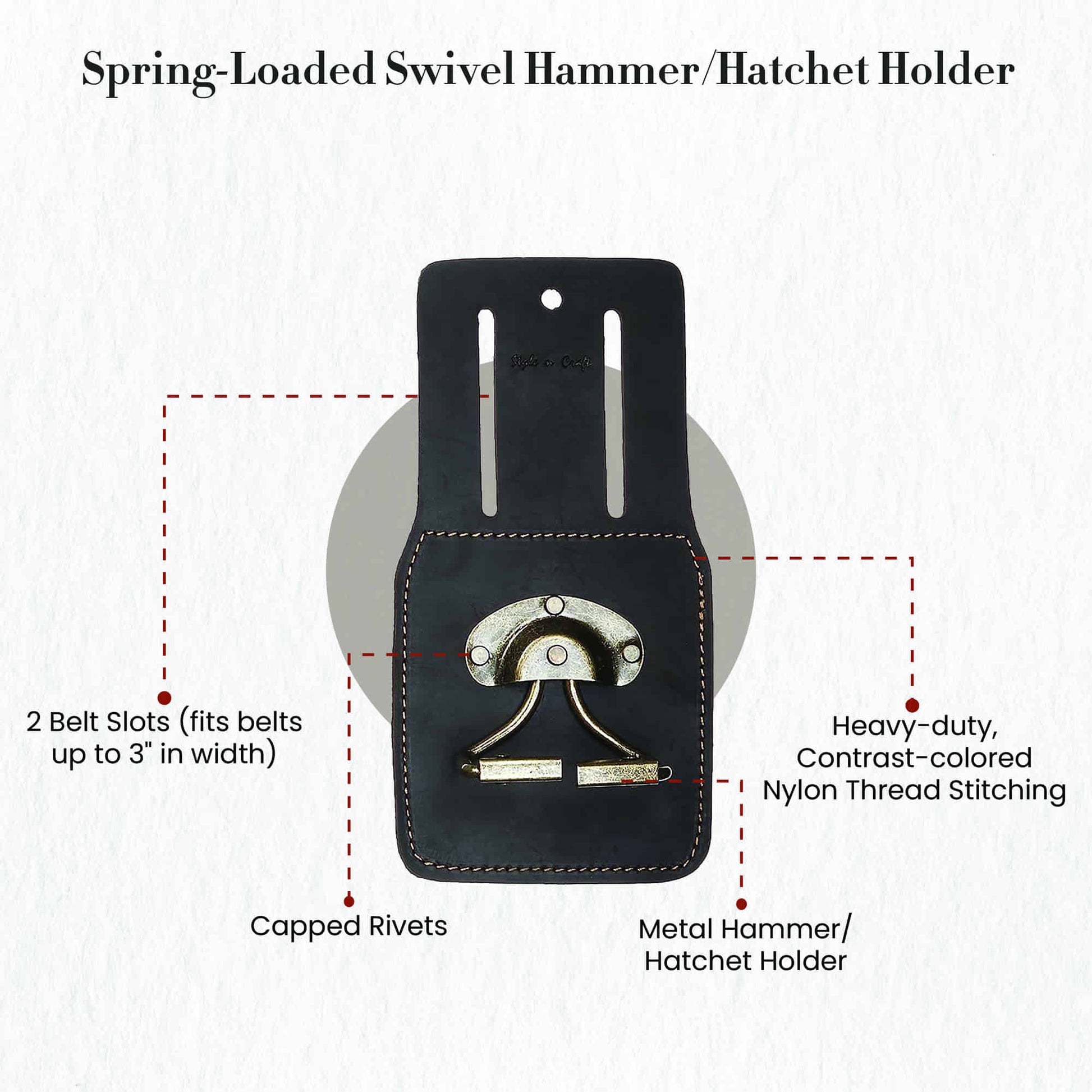 74440 - Spring Loaded Swivel Hammer Holder in Dark Brown Heavy Full Grain Oiled Leather - front view showing the details