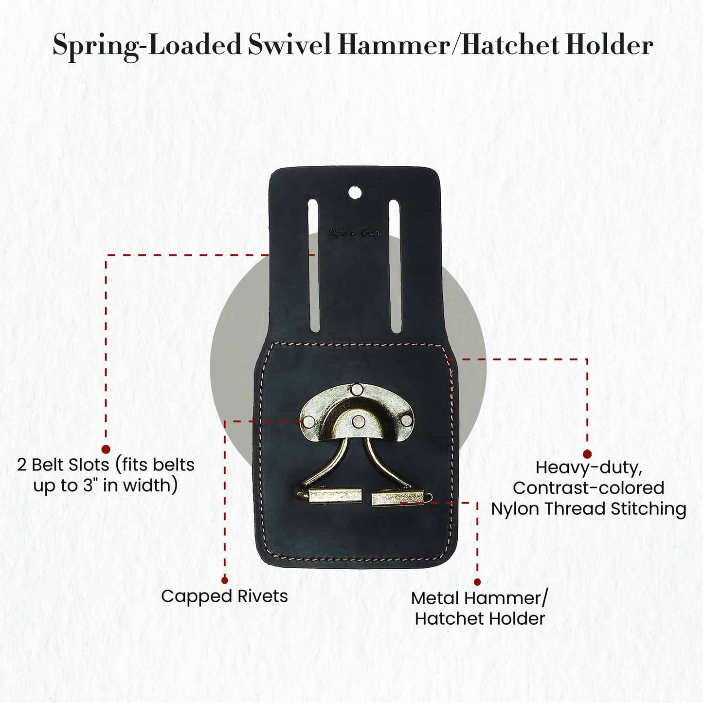 74440 - Spring Loaded Swivel Hammer Holder in Dark Brown Heavy Full Grain Oiled Leather - front view showing the details