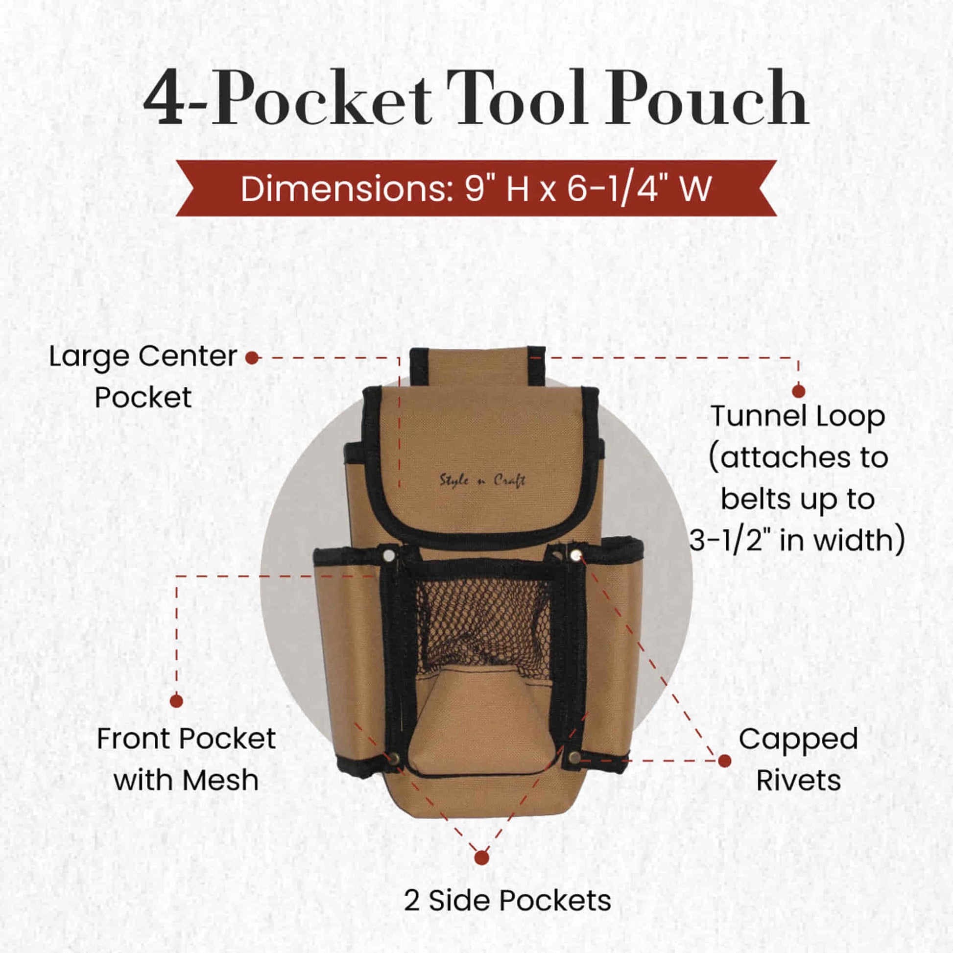 Style n Craft 76023 - 4 Pocket Tool Pouch in Heavy Duty 600D Polyester in Khaki & Black Color Combination - Front View Showing the Details