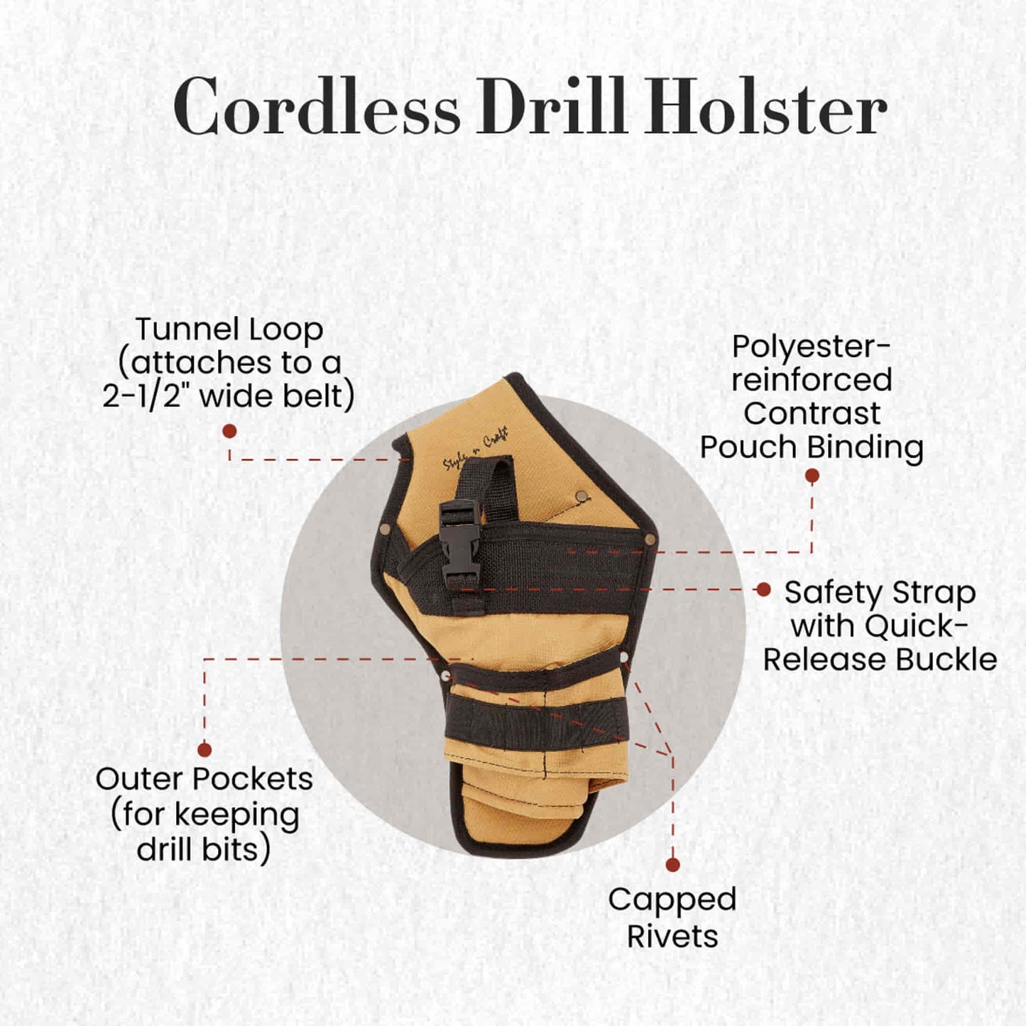 Style n Craft 76101 - Cordless Drill Holster in 600D Khaki Polyester with Black Binding - Front View Showing the Details