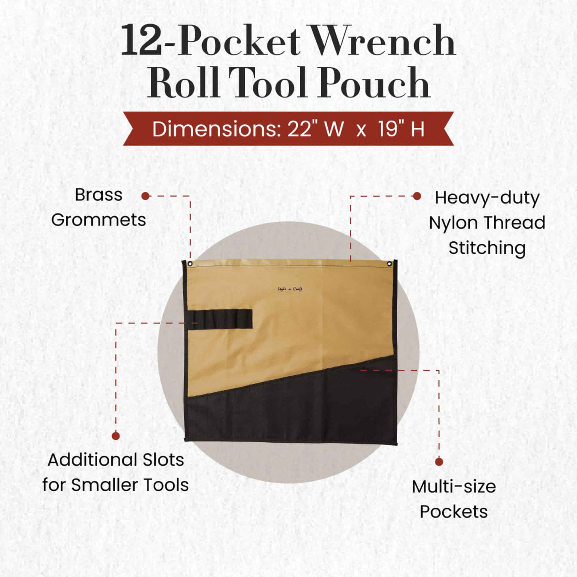 Style n Craft 76509 - 12 Pocket Wrench Roll Tool Pouch in Heavy Duty 600DPolyester in Khaki & Black Color Combination - Open View Showing the Details