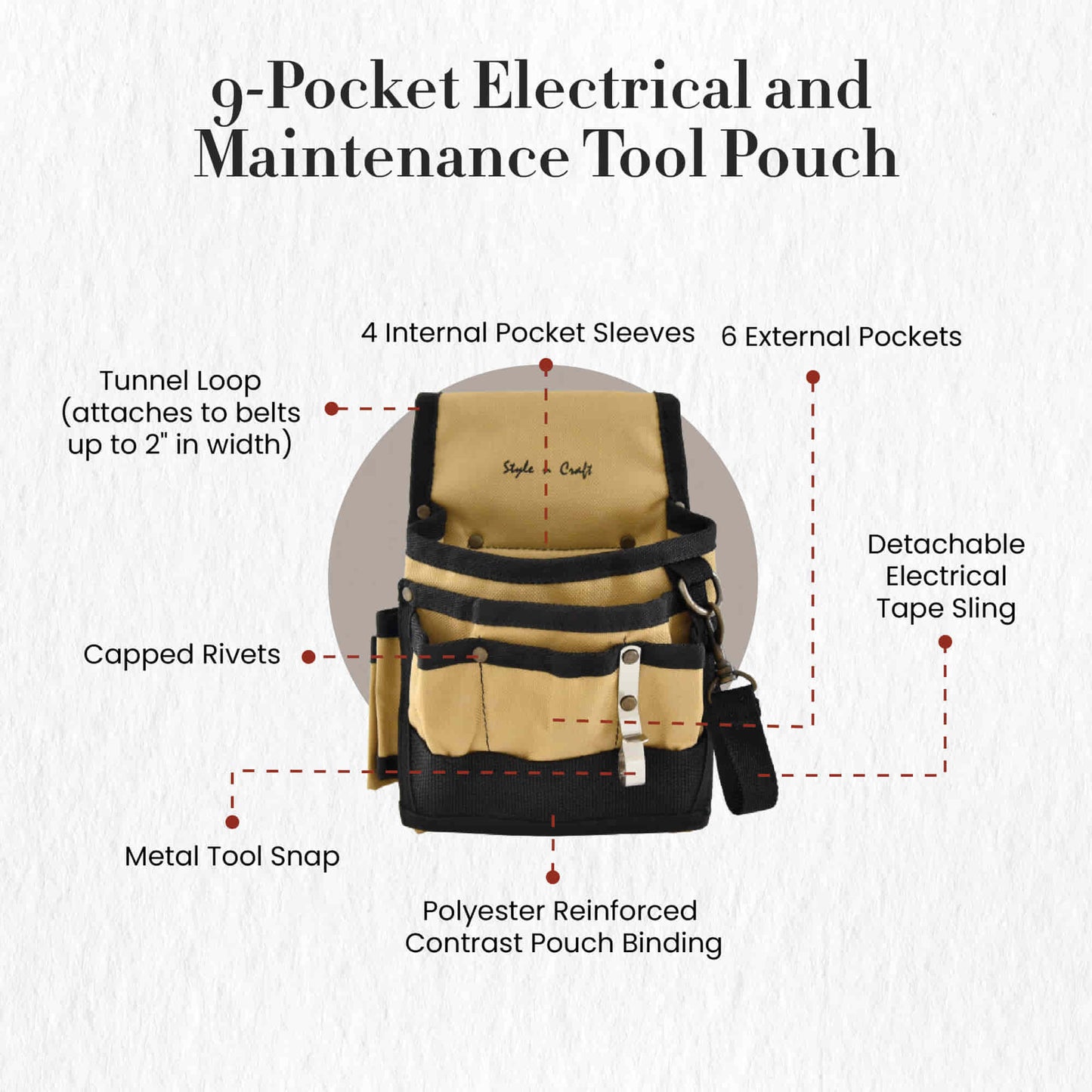 Style n Craft 76604 - 9 Pocket Electrical Maintenance Tool Pouch in 600D Polyester in Khaki & Black Combination - Front View Showing the Details