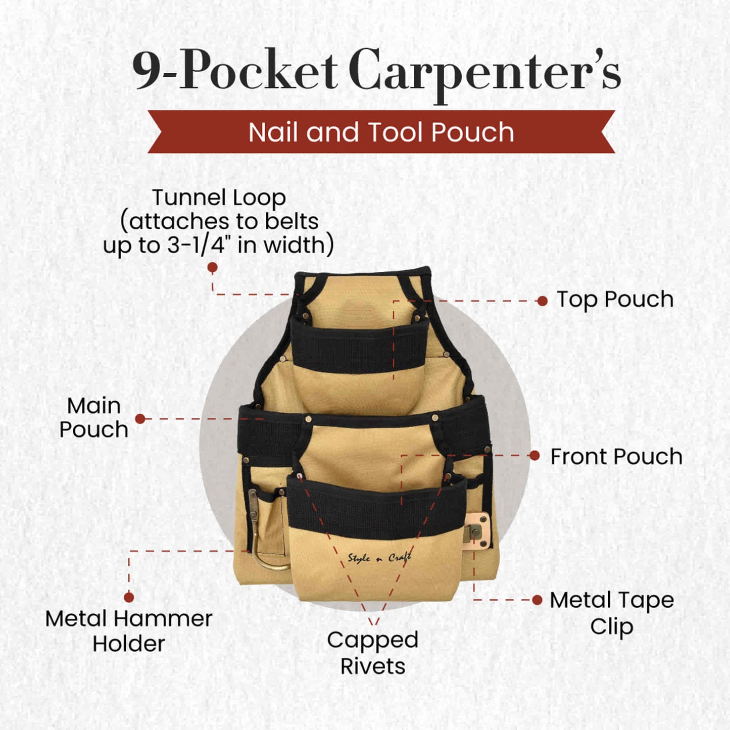 Style n Craft 76927 - 9 Pocket Nail & Tool Pouch in Polyester in khaki and black - Front View Showing the Details