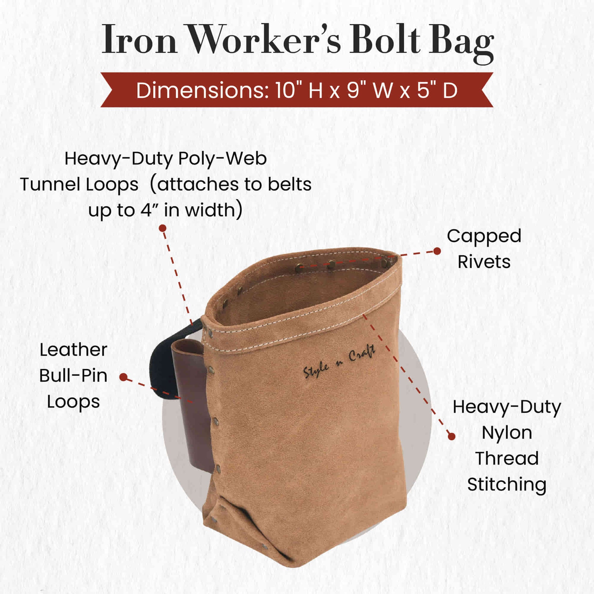 Style n Craft 88515 - Iron Worker's Bolt Bag in Heavy Duty Suede Leather in Dark Tan Color with Double Bull Pin Full Grain Leather Loops - Front Angled View Showing the Details