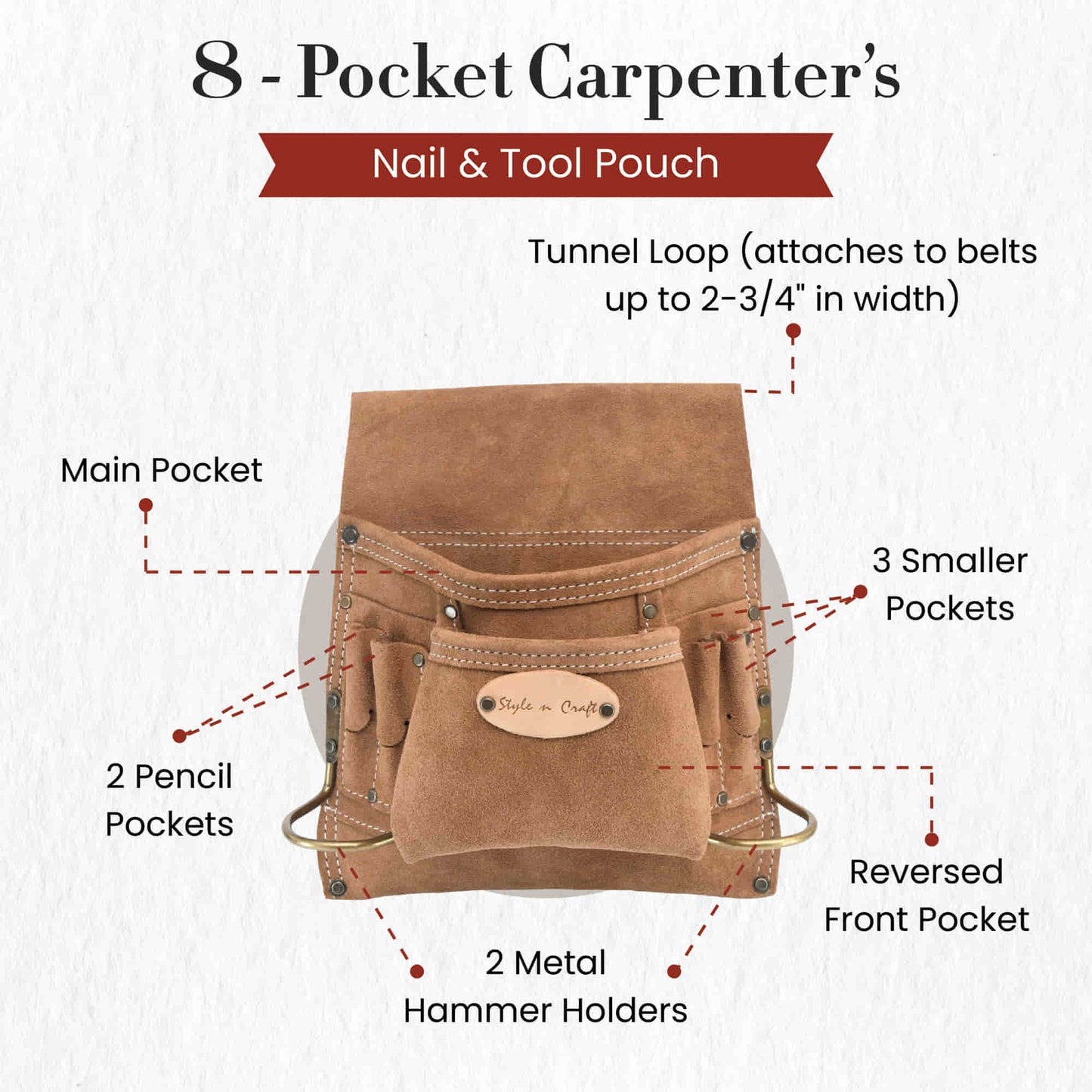 Style n Craft's 88823 - 8 Pocket Carpenter's Nail and Tool Pouch in Heavy Duty Suede Leather in Dark Tan Color - Front View Showing the Details.