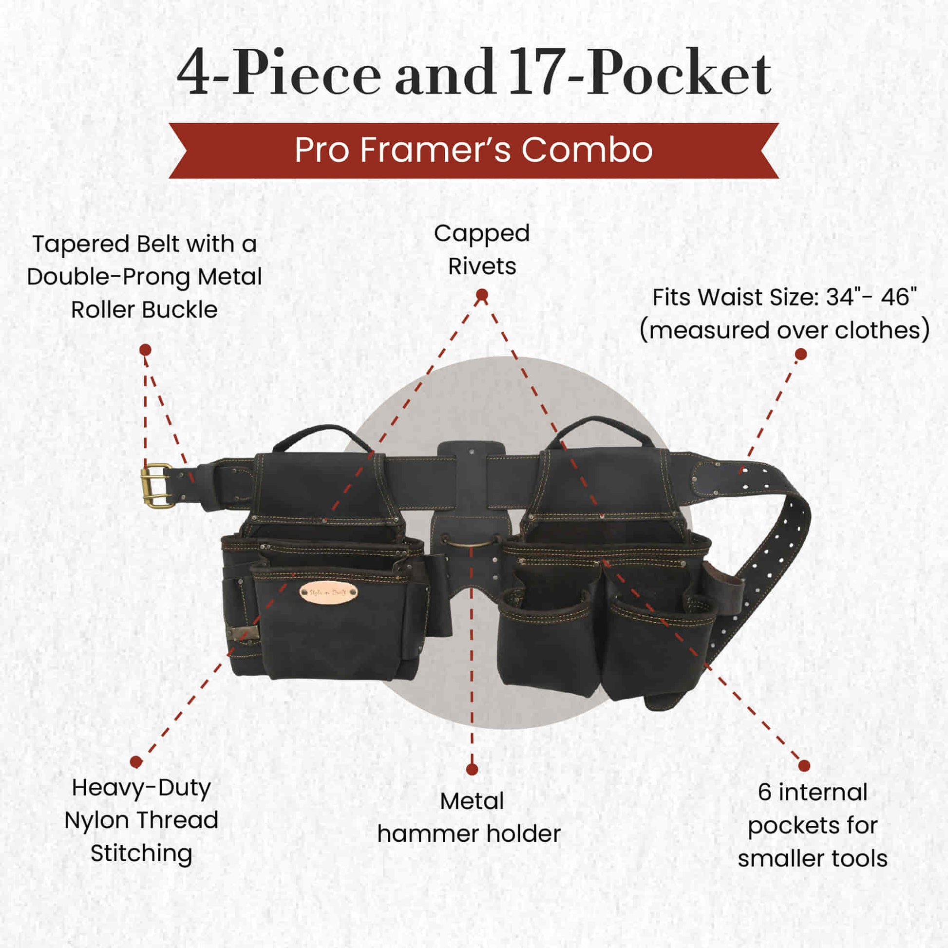 Style n Craft 90429 - 4 Piece 17 Pocket Pro Framer’s Combo in Dark Brown Color Full Grain Oiled Leather with 3 inch wide Tapered Leather Belt with Double Prong Metal Roller Buckle - Front View Showing the Details