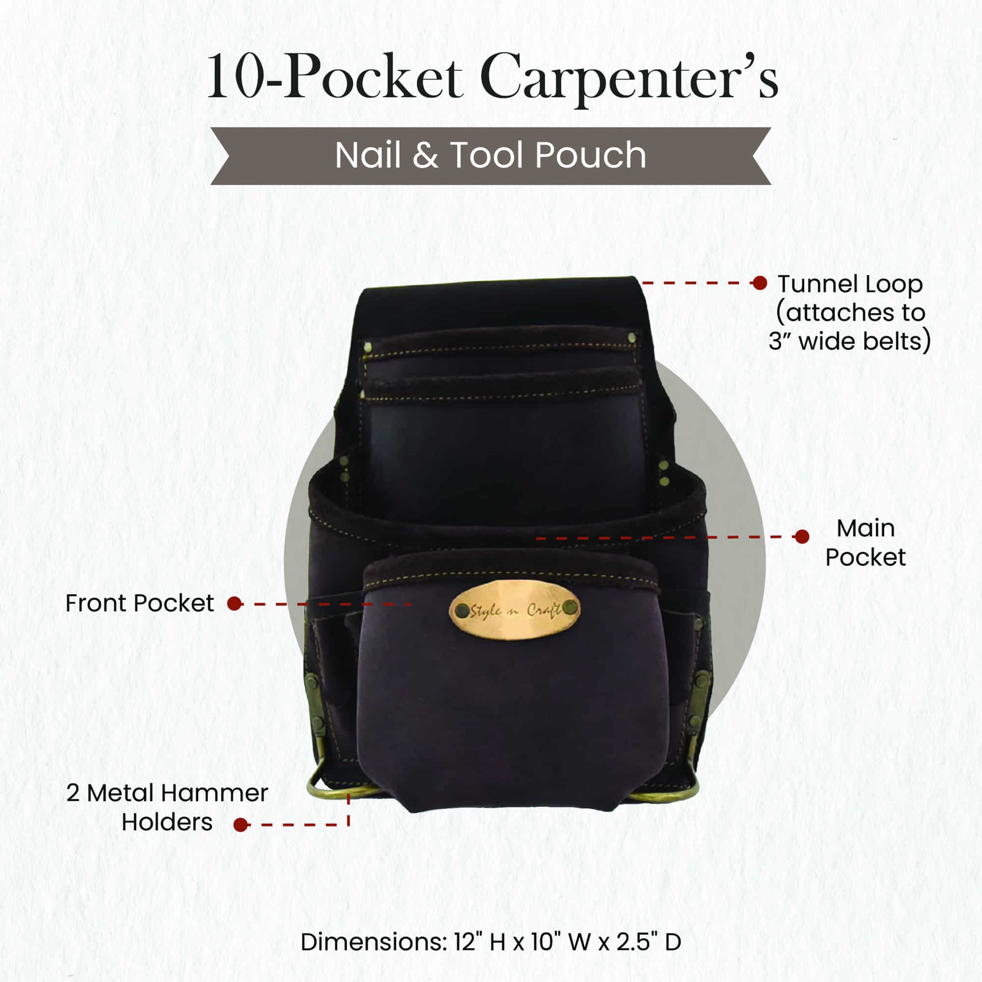 Style n Craft 90926 - 10 Pocket Carpenter's Nail and Tool Pouch in Dark Brown Color Oiled Full Grain Leather with Wider Construction of Main & Front Pockets - Front View showing the  Details