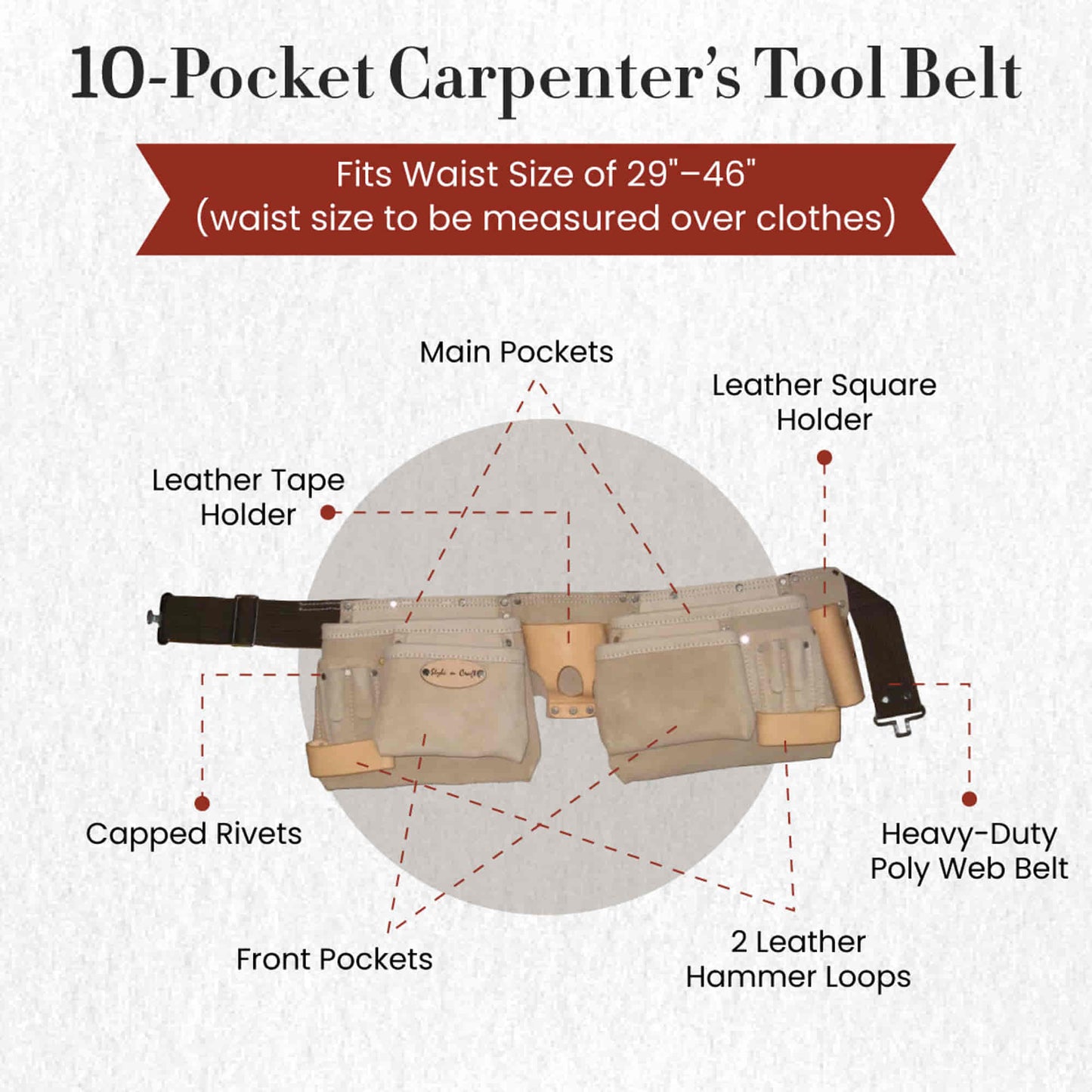 Style n Craft 92424 - 10 Pocket Carpenter's Tool Belt in Gray Full Grain Leather - Front View Showing the Details