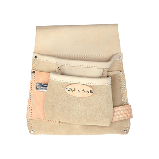 Style n Craft 92825 - 6 Pocket Nail & Tool Pouch in Grey Full Grain Leather with an Embossed Leather Hammer Loop & a Metal Tape Clip - Front View