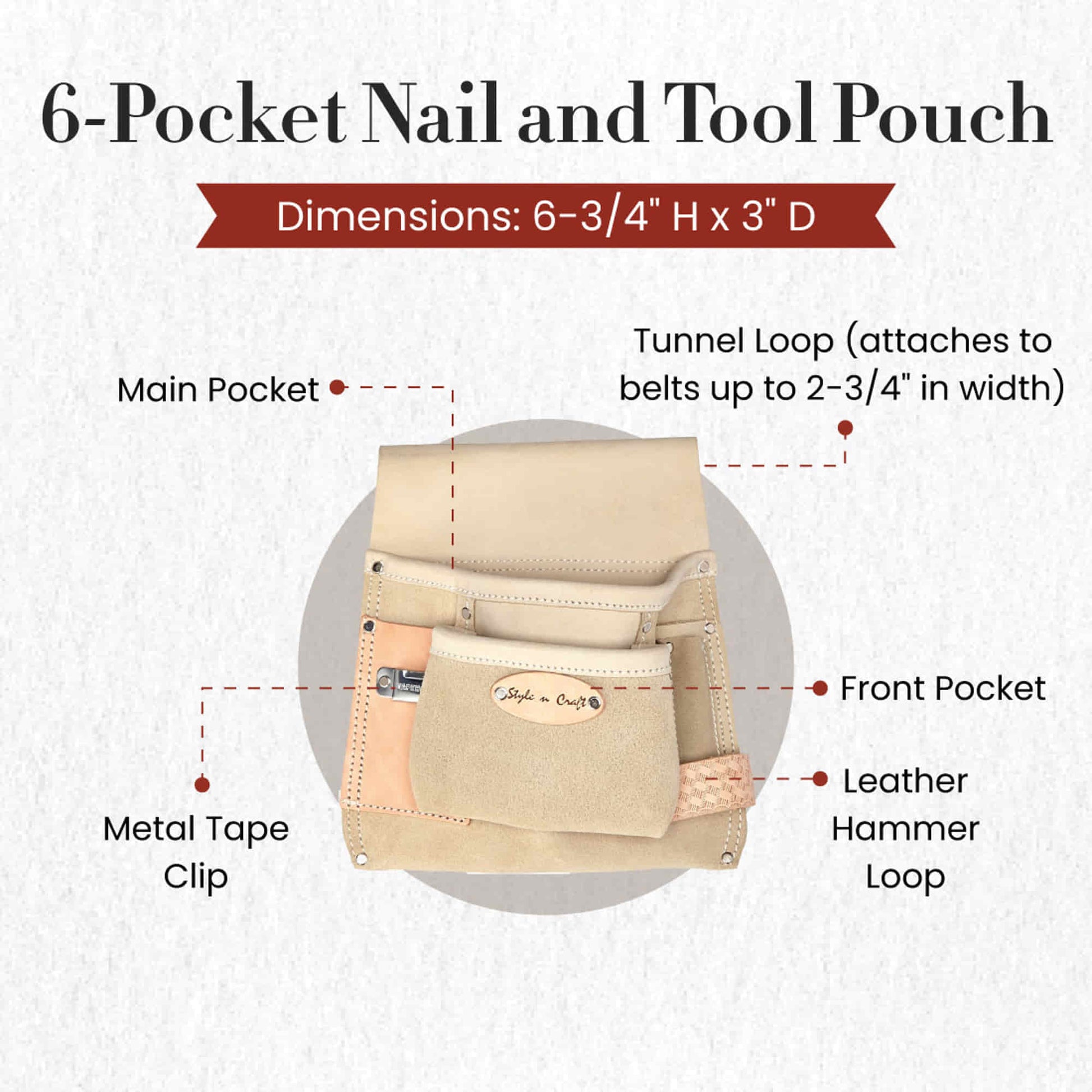 Style n Craft 92825 - 6 Pocket Nail & Tool Pouch in Grey Full Grain Leather with an Embossed Leather Hammer Loop & a Metal Tape Clip - Front View Showing the Details