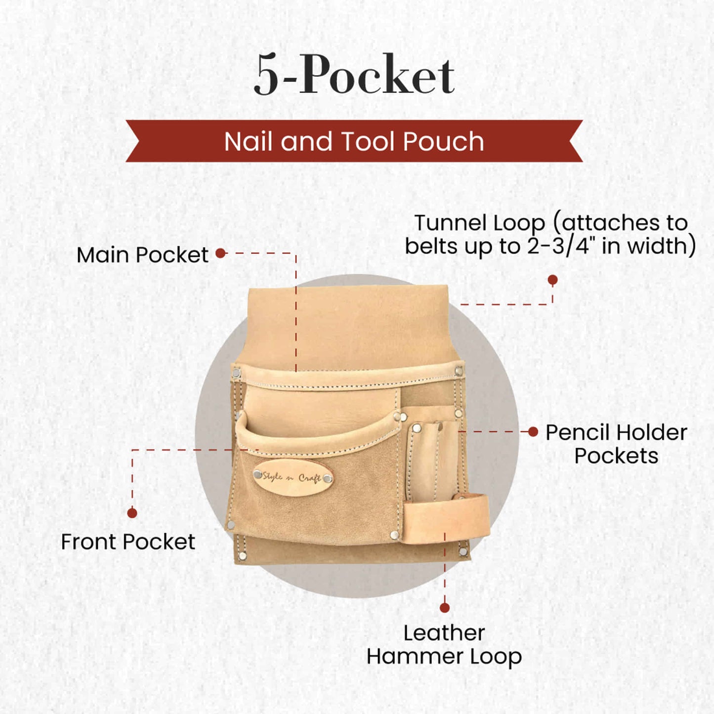 Style n Craft 92826 - 5 Pocket Nail & Tool Pouch in Top Grain Leather in grey color - Front view showing the details