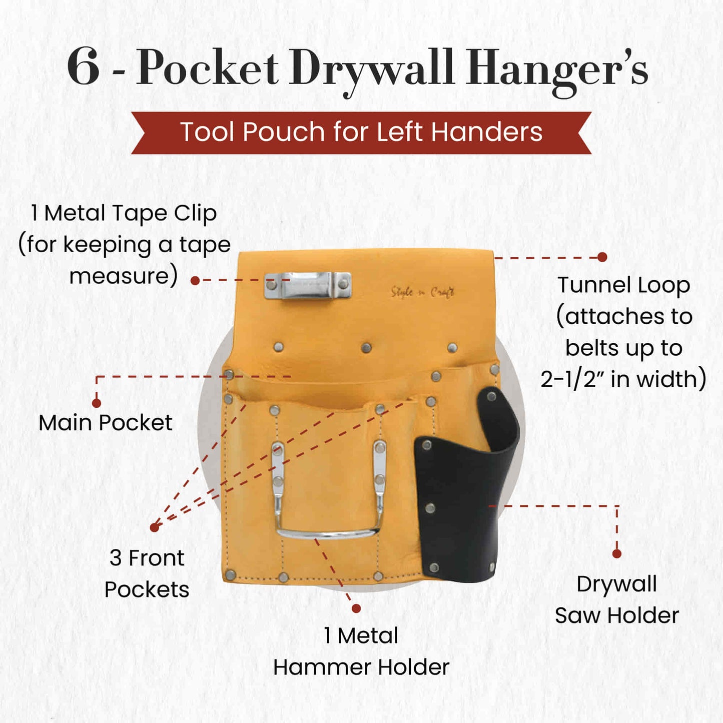 Style n Craft 93485L - 6 Pocket Drywall Hanger's Tool Pouch for Left Handed People in Yellow Color Full Grain Leather with Leather Saw Holder in Black Full Grain Leather - Front View Showing the Details