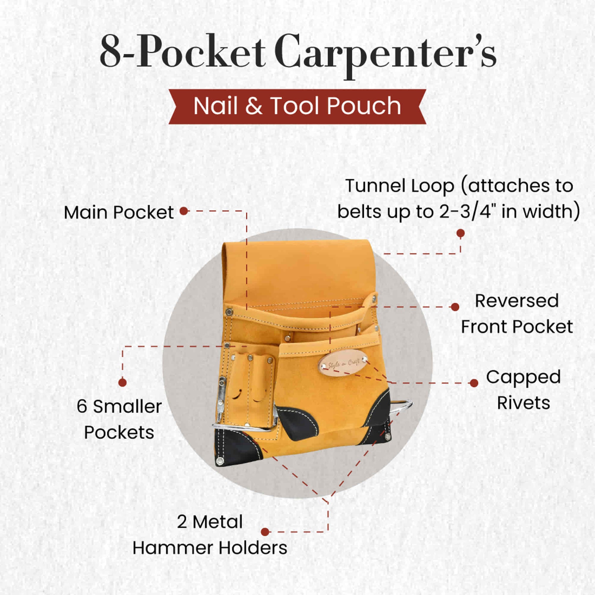 Style n Craft's 93823 - 8 Pocket Carpenter's Nail & Tool Pouch in Yellow Full Grain Leather with Reinforced Corners - Front Angled View Showing the Details