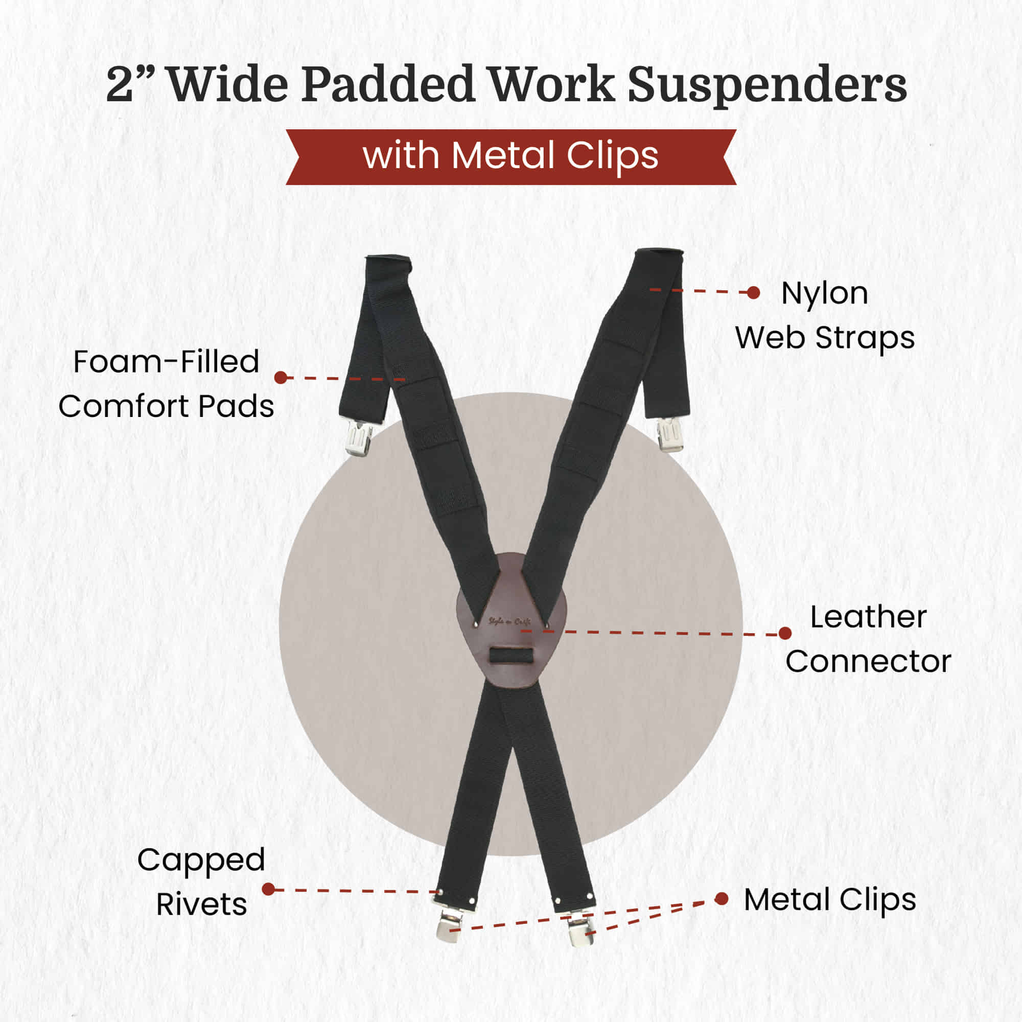 2 Inch Wide Padded Work Suspenders with Metal Clips