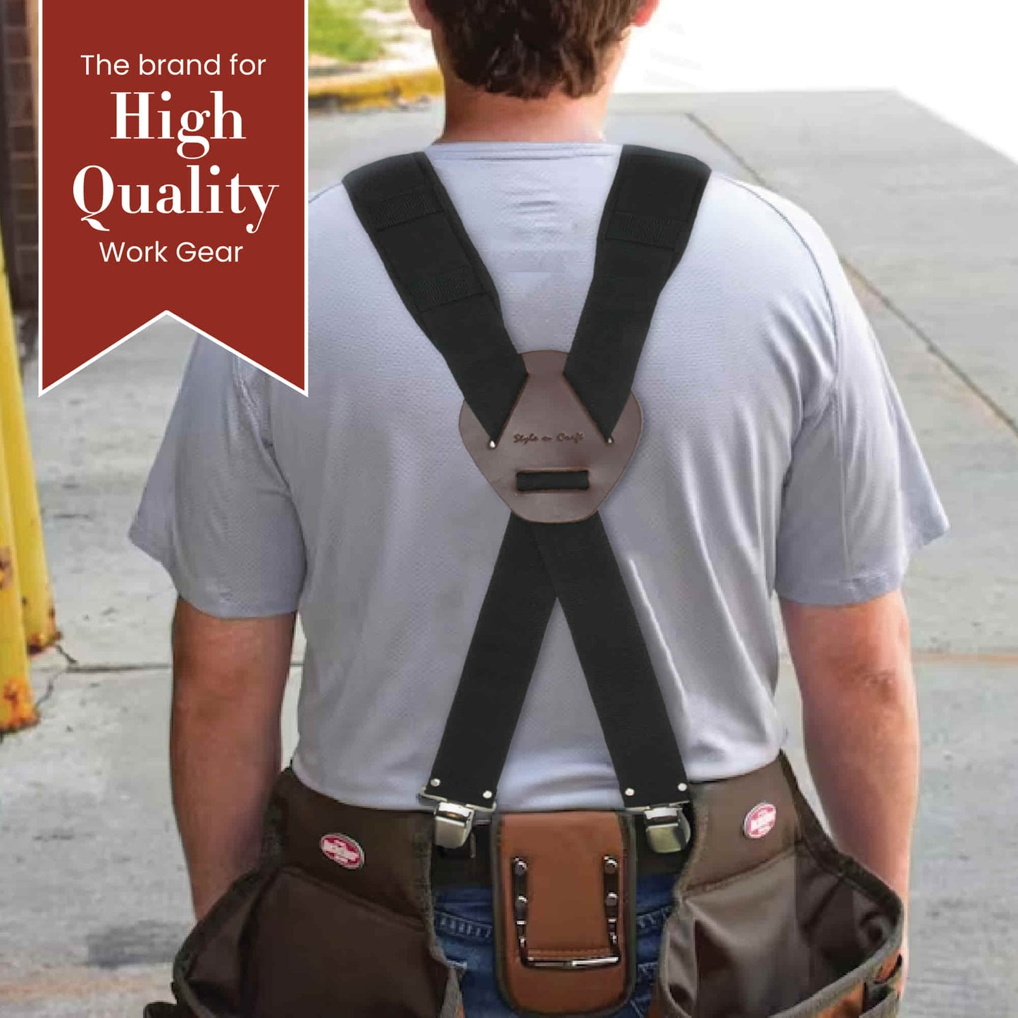 Style n Craft 95013 - 2 Inch Wide Padded Work Suspenders with Clips in Black. Versatile Double Adjustment. Picture Showing Suspenders in Use.